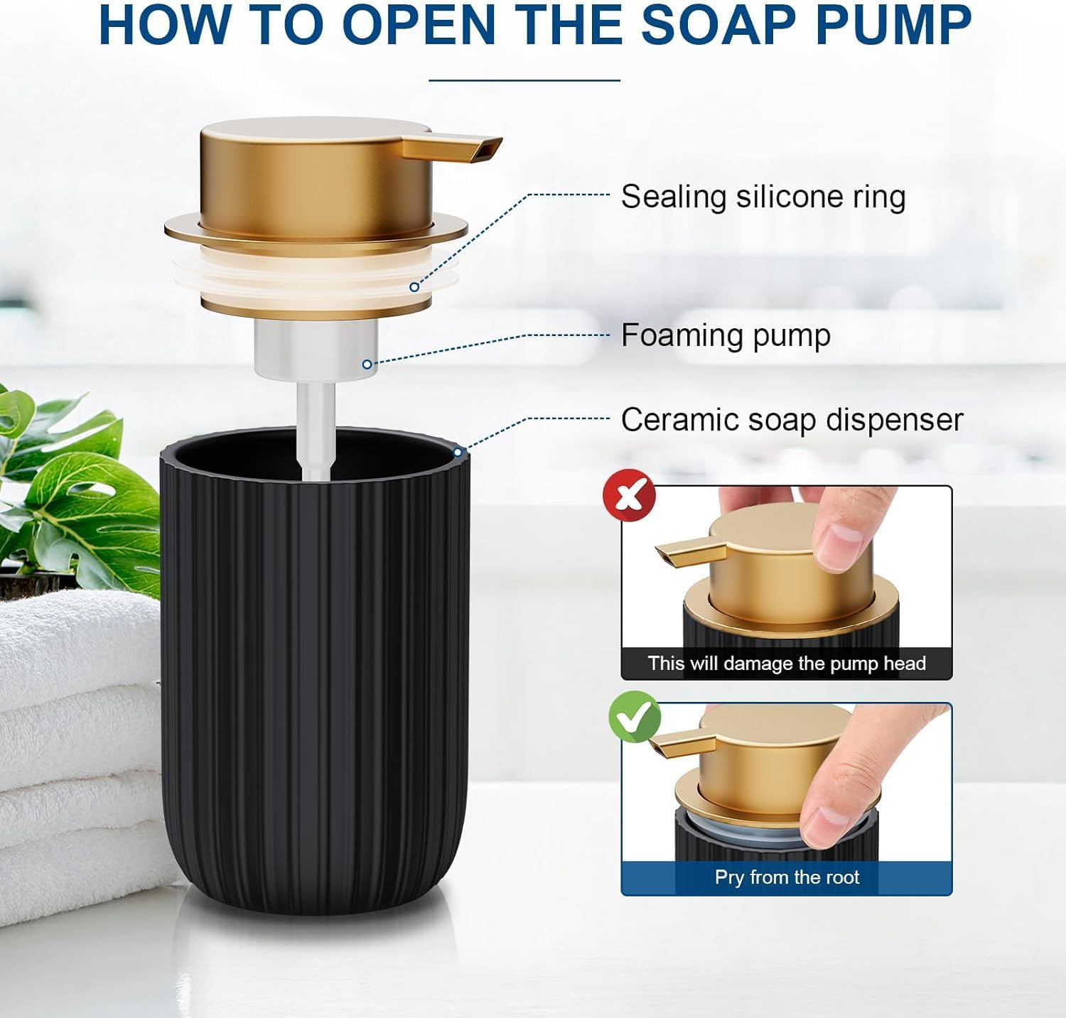 2 Pack Foam Soap Dispenser - 12 Oz Beige Ceramic Foaming Soap Dispenser for Bathroom, Hand Wash Dispenser Bottle with Foaming Pump, Striped Refillable Dish Soap Dispenser for Kitchen(Black) image number 5