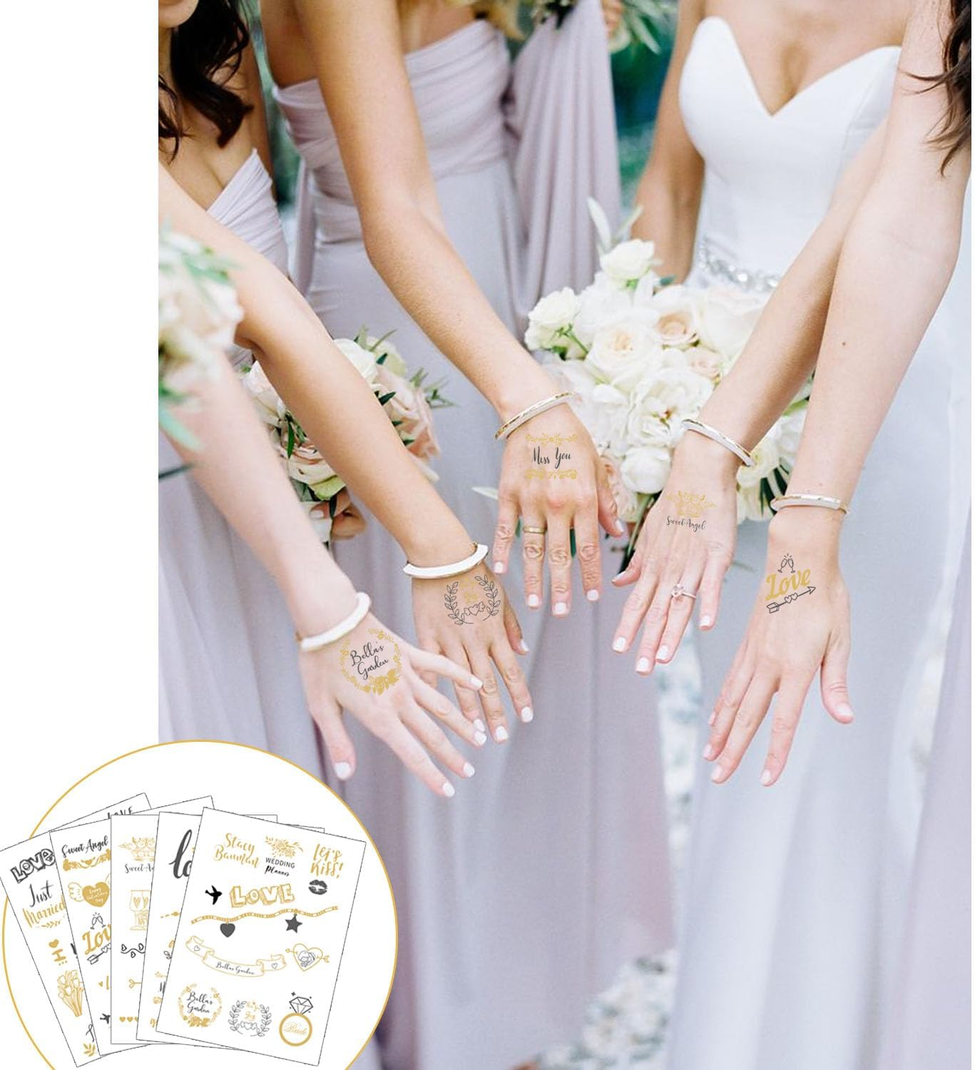 Wedding Tattoos, 10 Sheets Temporary Tattoos, Gold Hot Stamping Team Bride Tattoo, Waterproof, Temporary Tattoo, Bride Team, Bridal Wedding Tattoo for Wedding Decorations image number 2