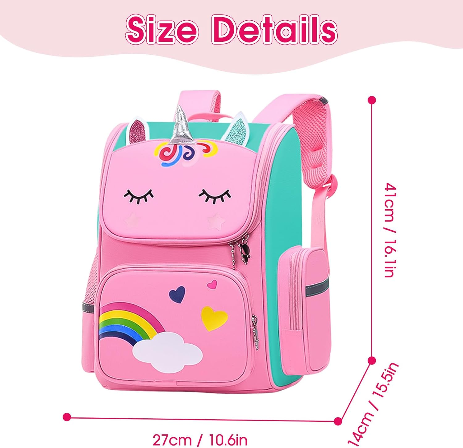 Queenshin Rainbow Kids Backpack for Girls with Compartments Elementary Bookbag, Cute Unicorn Large Capacity School Backpack image number 2