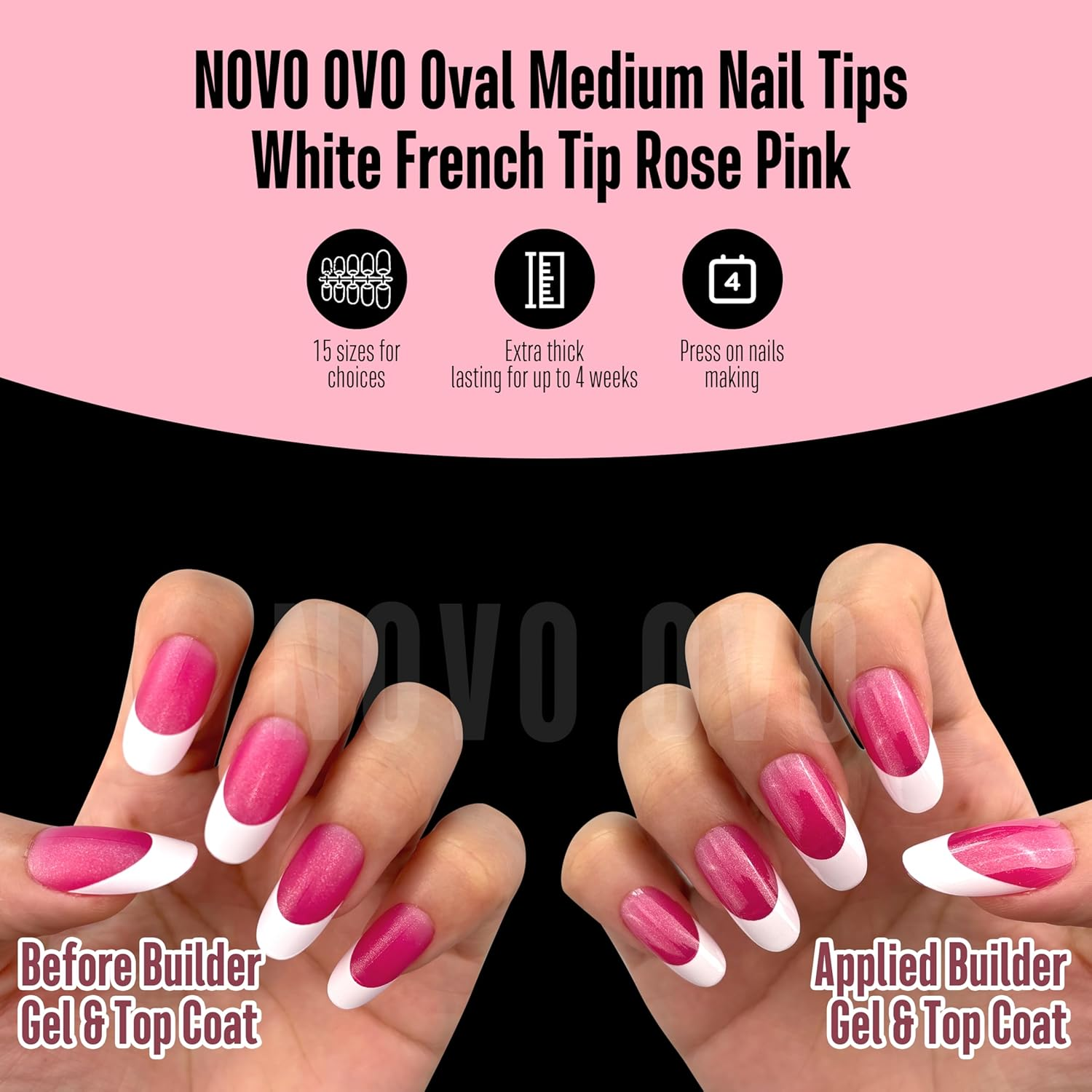 NOVO OVO White French Tip Oval Nail Tips Press on ROSE PINK, Extra Thick Medium Soft Gel Fake Nail Acrylic Extension, Need Builder Gel Top Coat, No Glue Included, for Salon DIY X 15 Sizes 240 Pcs image number 5