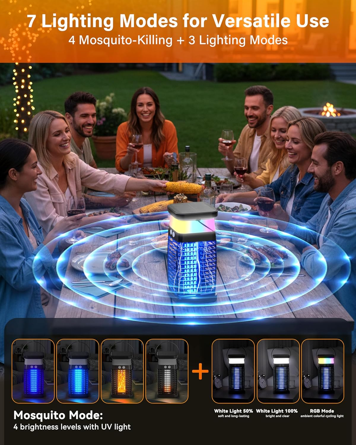 Mosiller Solar Bug Zapper Outdoor - Electric Fly Killer Mosquito Zapper Waterproof, Portable Trap Lamp Brightness Outdoor & Indoor Insect Killer with Panel Sensor for Home, Patio, Backyard, Camping