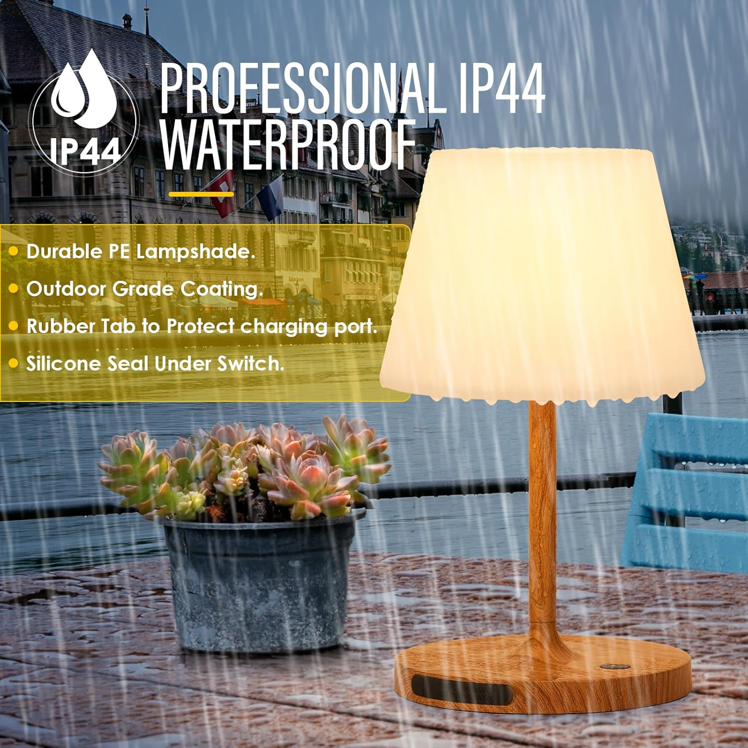 Cordless Outdoor Touch Table Lamp, Waterproof Small Shower Lamp, 4000Mah Battery Operated Rechargeable Dimmable Desk Lamp for Patio, Restaurant, Camping, Home-Wood Grain image number 5