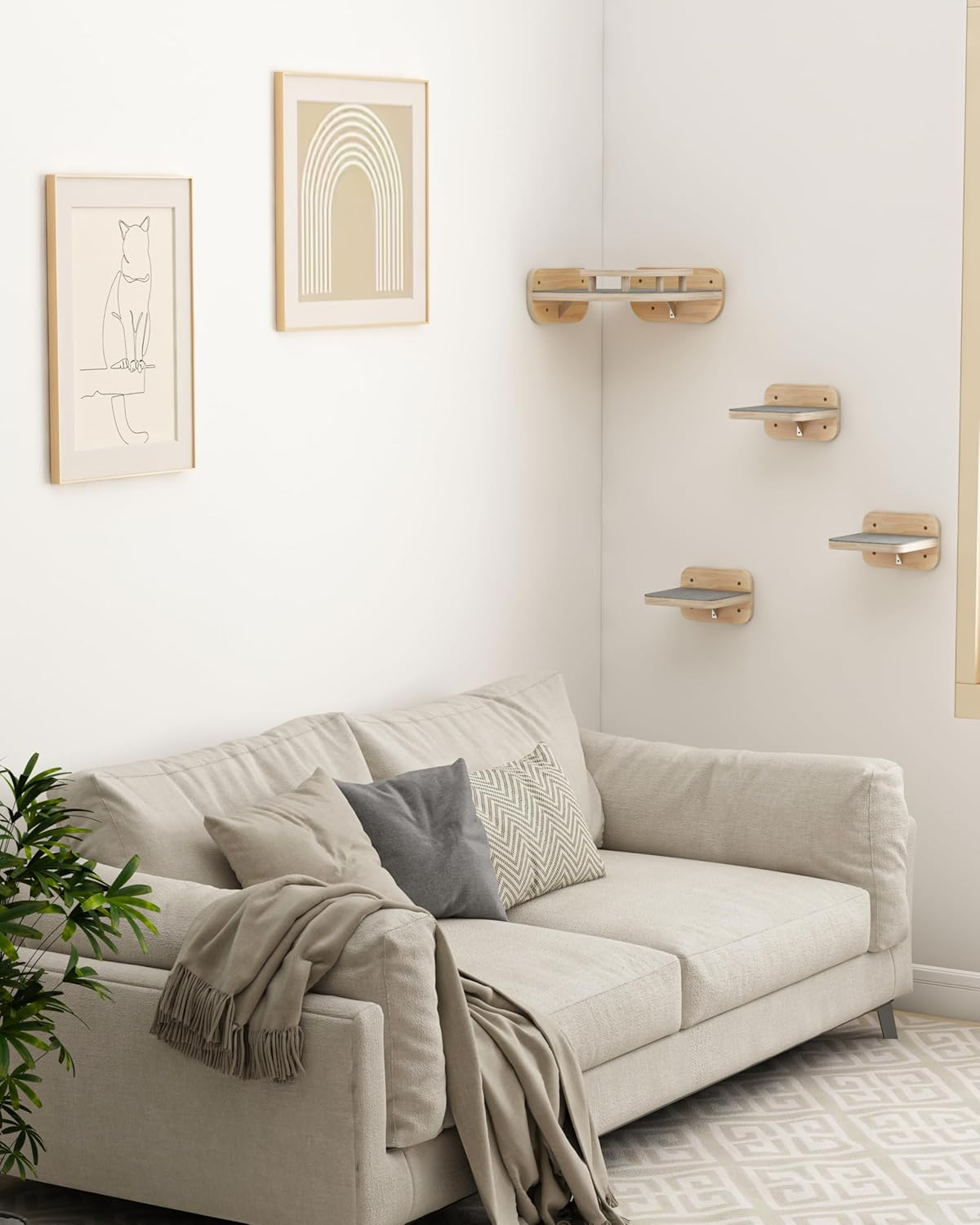 Megidok Corner Cat Climbing Shelf Perches Set Furniture, Cat Bed Wall Mounted with Soft Cushion, Modern Floating Stairs for Wall Indoor-Wood Color&shy; image number 3