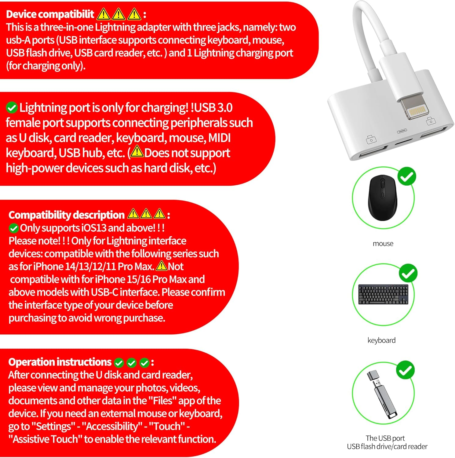 Apple Certified Lightning Male to USB Female Adapter OTG and Charger Cable for Iphone 11 12 Mini Max Pro Xs Xr X Se 7 8Plus Ipad Air a Camera Memory Stick Flash Drive Cord Converter Charging Splitter image number 5
