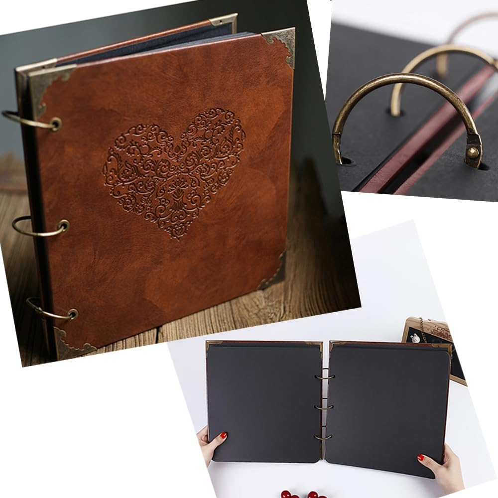 Photo Album or DIY Scrapbook (10X10 Inch 50 Pages Double Sided), Vintage Leather Cover Three-Ring Binder Picture Booth Albums with 9 Colors 408Pcs Self Adhesive Photos Corners for Memory Keep