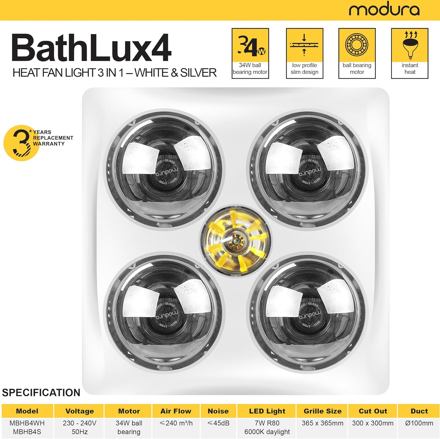 Modura Bathlux4 3-In-1 Bathroom Heater Fan Exhaust Light 4 X 275W Instant Heat (White) image number 6