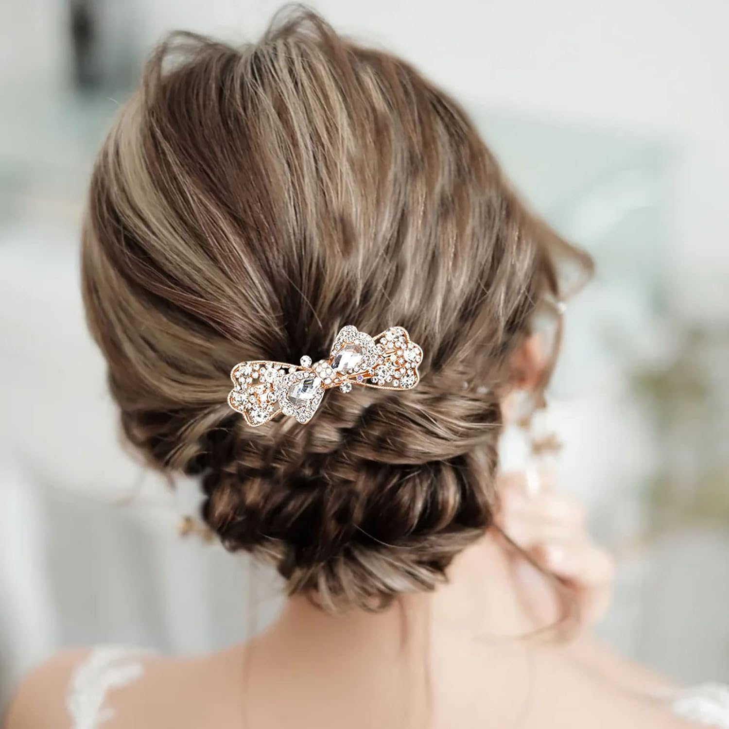 Tseenyi Crystal Bow Hair Clip Rhinestone Wedding Hair Clip Shiny Bridal Rhinestone Headwear Hair Clip Gold Crystal Women and Girls Gifts (Transparent Crystal) image number 2