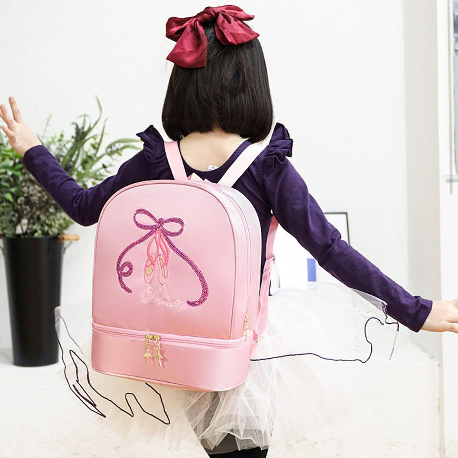 Ballet Dance Backpack with Separate Shoe Compartment,Little Girls Ballerina Bag Embroidery Dance Toddler Bag Storage Bag image number 6