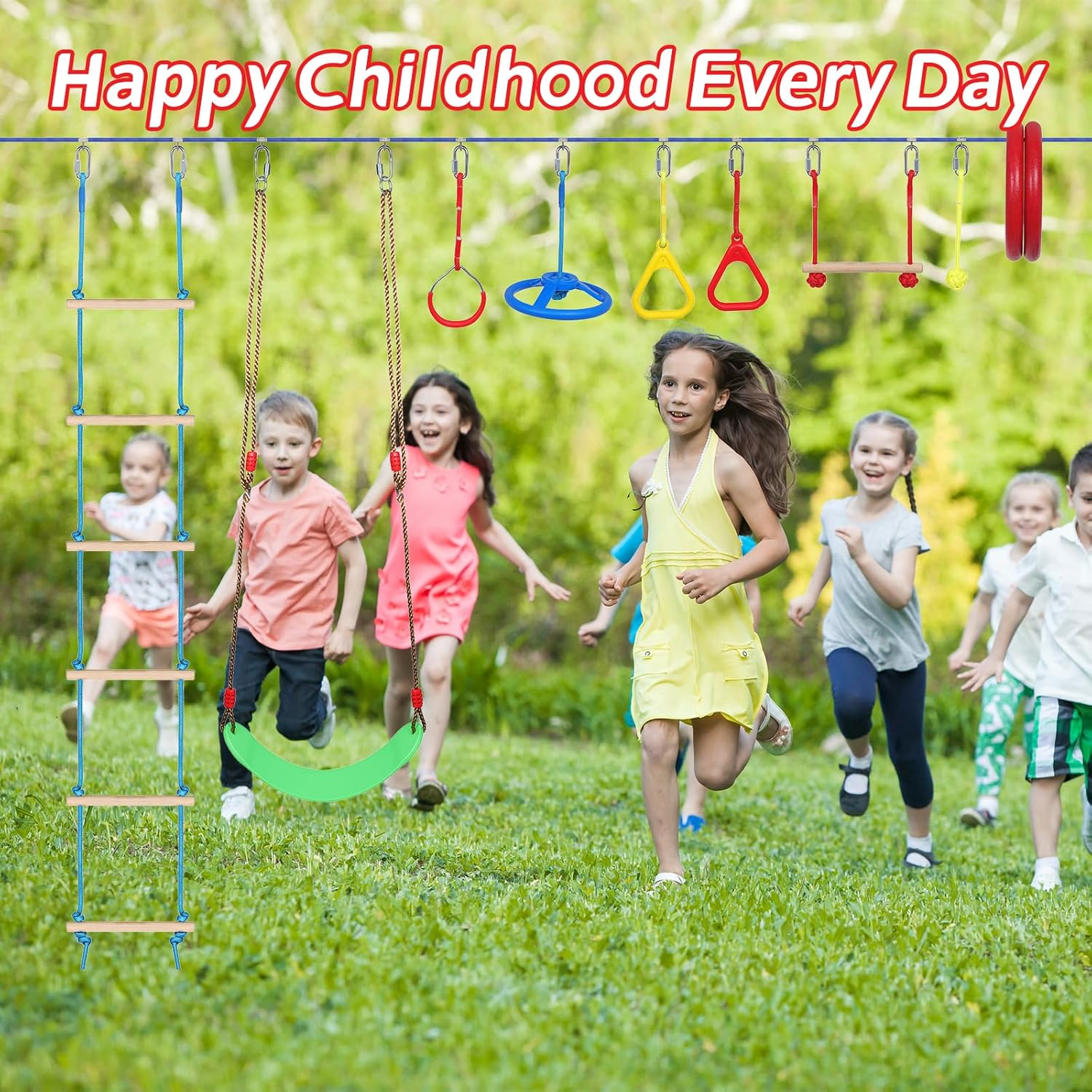 Ninja Warrior Kids Obstacle Course, 55 FT Durable Slackline with 8 Obstacles-Swings, Monkey Bars, Arm Trainers and More, Weatherproof Outdoor Obstacle Course for Backyard, Gym, Field image number 2