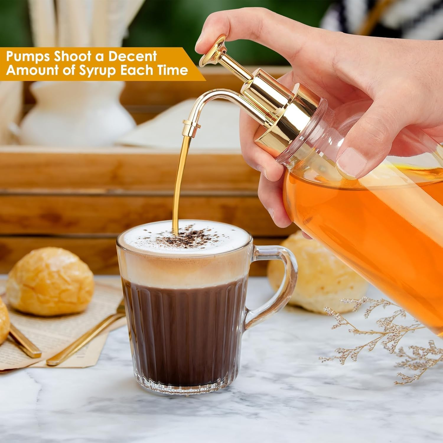2Pack Coffee Syrup Dispenser, 500Ml Pump Dispenser for Coffees Home Bar, Glass Syrup Bottle Gold Pump, Coffee Pump Dispenser Included Funnels and Labels image number 4