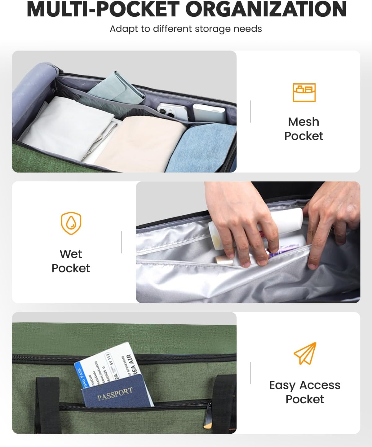 Rolling Duffle Bag with Wheels, Large Travel Duffel Bag with Shoe Compartment, Water Resistant Rolling Wheeled Luggage for Men Women Weekender Overnight Trip, Green, 21 Inch image number 4