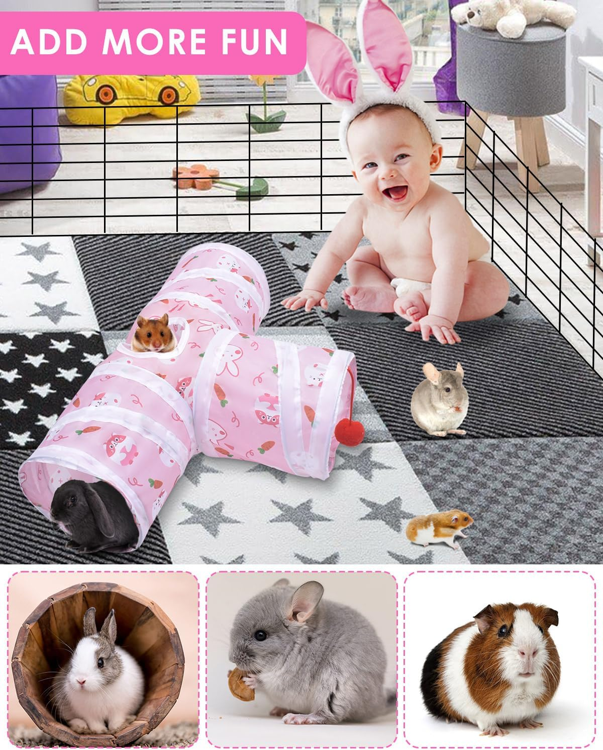 Bissap Rabbit Tunnel, Collapsible Bunny Tunnel and Tube 3 Ways Pet Hideout with 1 Play Ball for Indoor Kittens Dwarf Rabbits Bunnies Guinea Pigs Chinchillas Small Animal Activity Fun Toys (Pink) image number 1