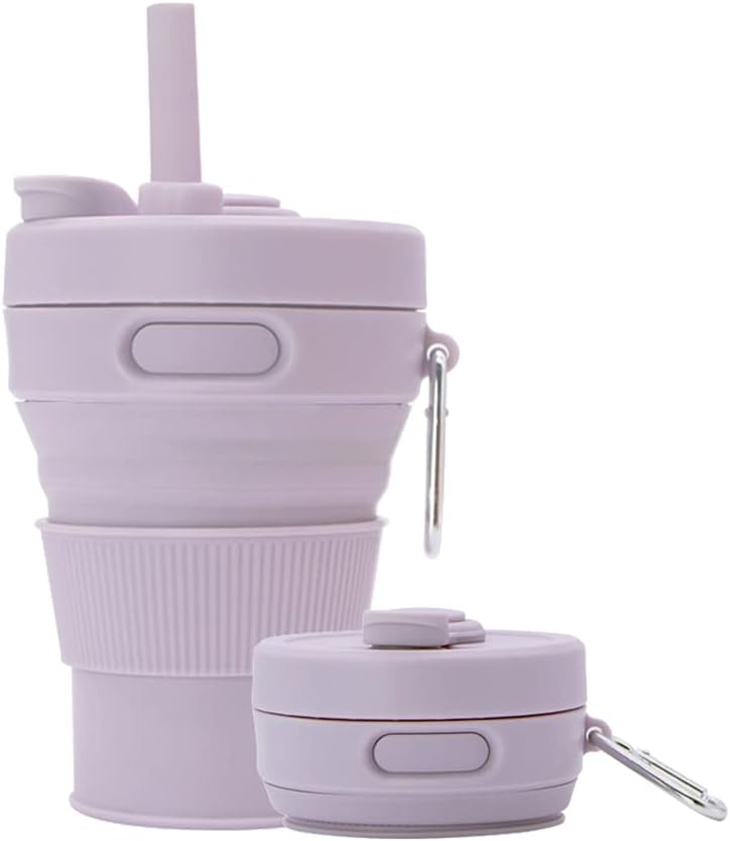 Silicone Coffee Mug Collapsible Cups for Camping Folding Travel with Straw Reusable Portable Drinking Cups Outdoor Hiking 450Ml (Black-450Ml, 1)