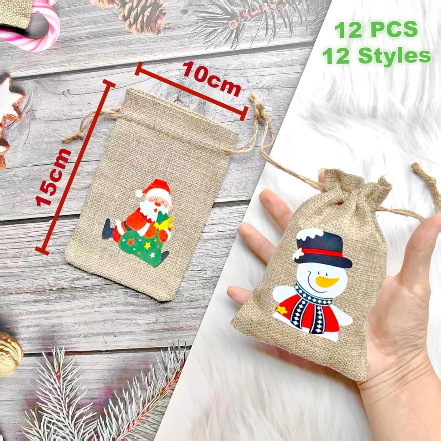 12 Pack Christmas Linen Bags, 10 X 15 Cm Bags, Candy Goodie Treat Bags, Drawstrings Burlap Bags for X&lsquo;Mas Party, Reusable Wrapping Bags (12 DESIGNS) - Graphic image number 5