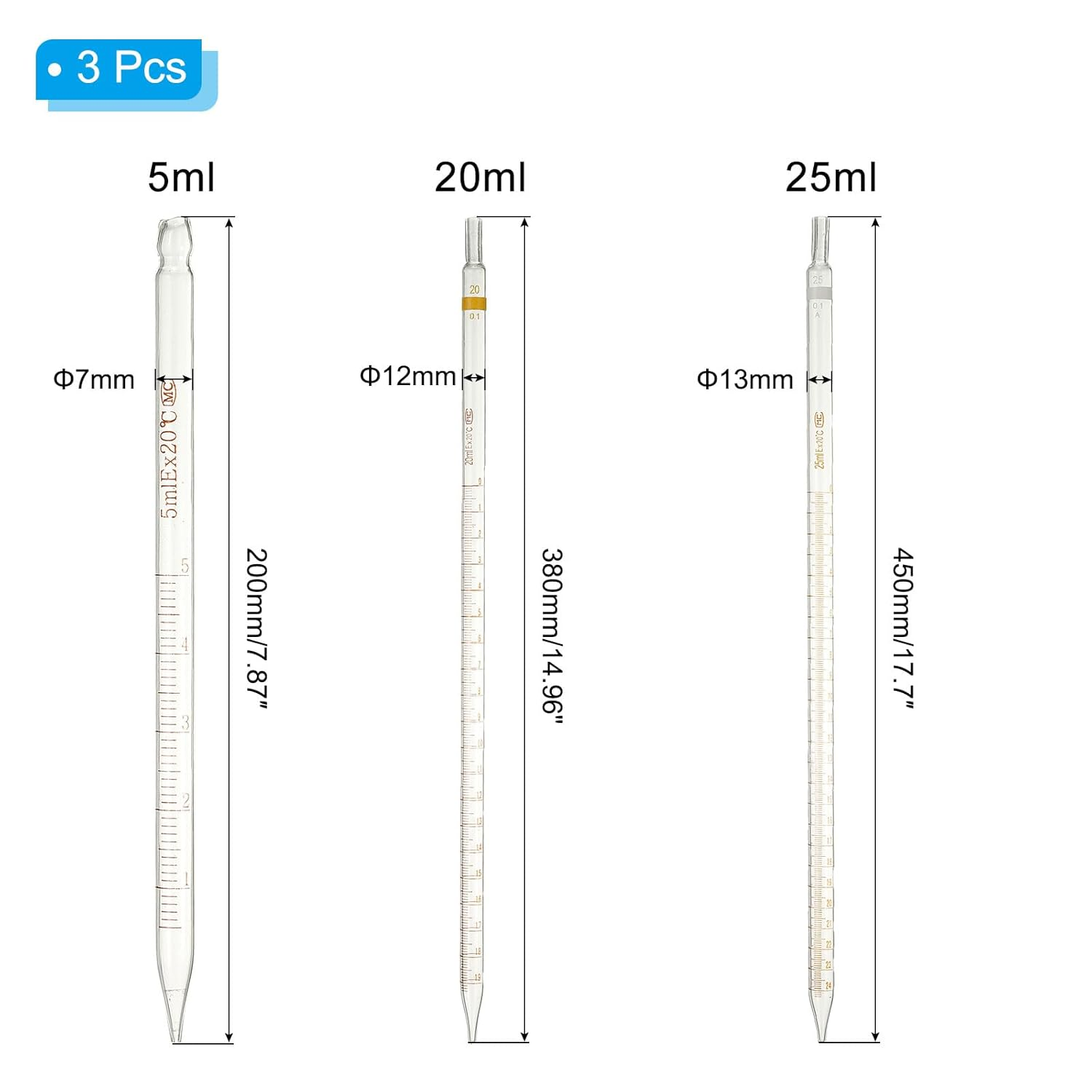Uxcell Graduated Dropper Pipettes Kit, 3 Pack 5Ml/20Ml/25Ml Borosilicate Glass Pipette with Rubber Squeeze Bulb for Transfer Liquid for Lab, Chemistry image number 6