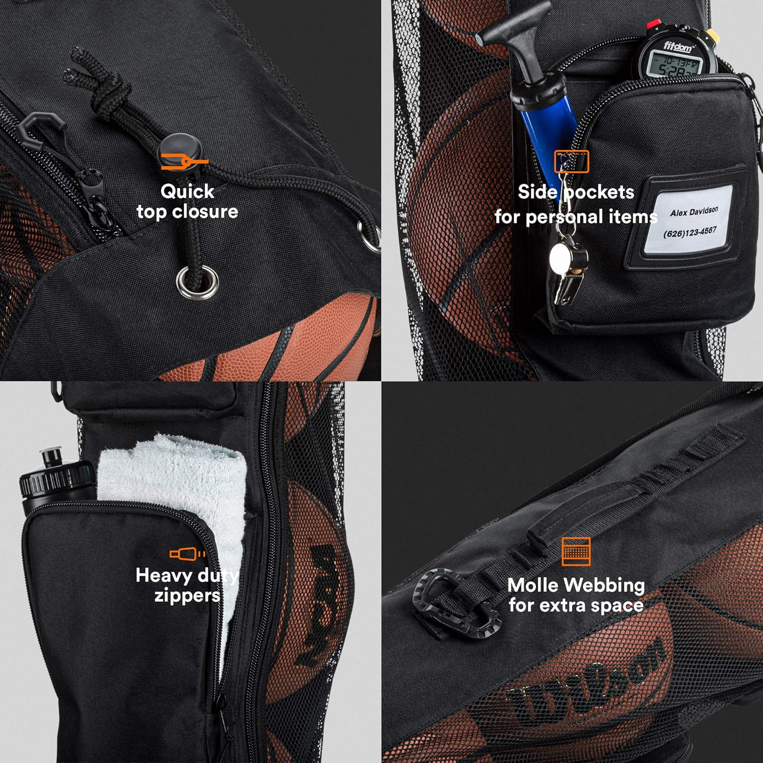 Fitdom Heavy Duty XL Basketball Mesh Equipment Ball Bag W/Shoulder Strap Design for Coach with 2 Front Pockets for Coaching & Sport Accessories. This Team Tube Carrier Can Store up to 5 Basketballs image number 5