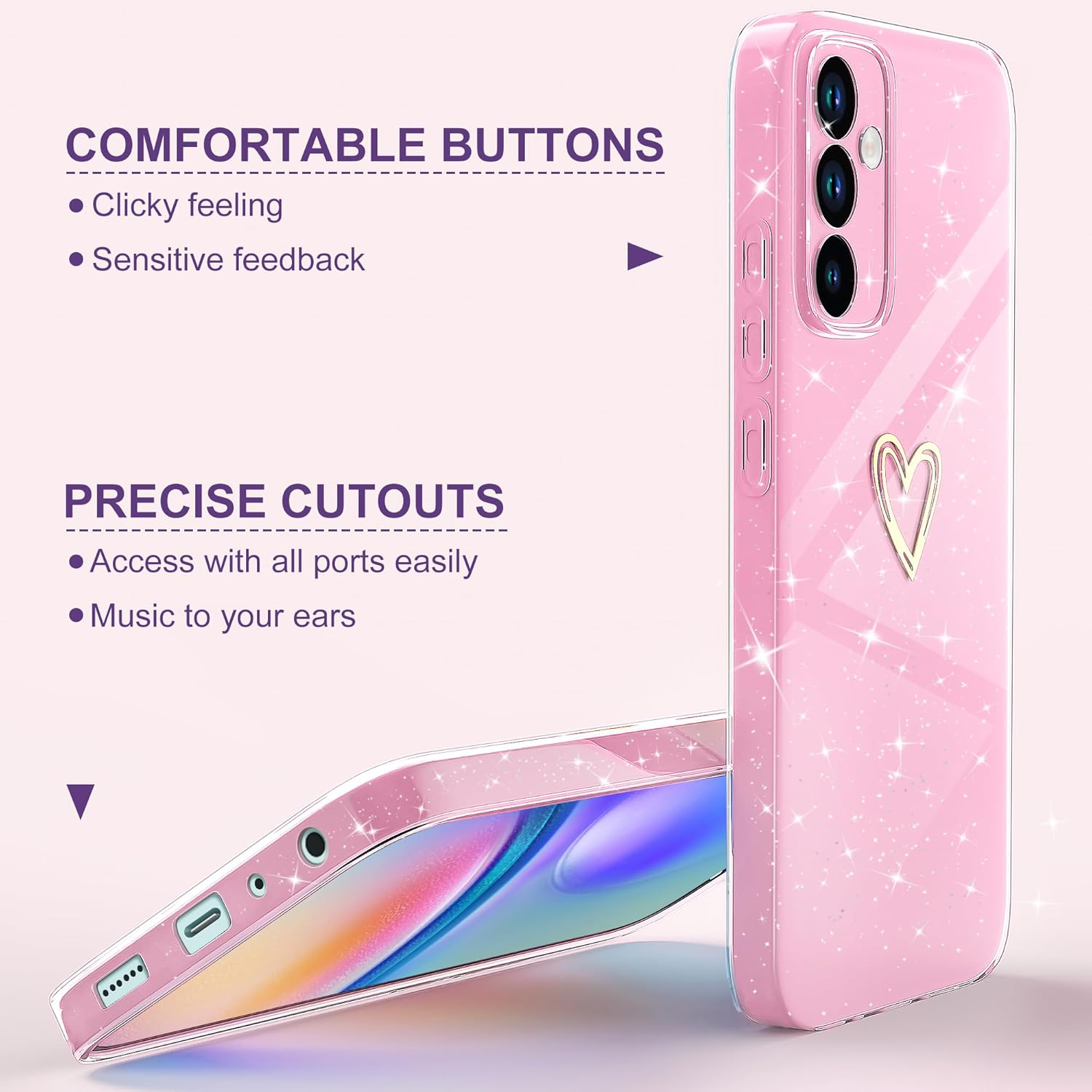 Mobile Phone Case for Samsung Galaxy A05S Case Glitter Heart Love Silicone TPU Shockproof Protective Bumper Case Cover Shiny Ultra Thin Scratch-Resistant Protective Case for Samsung A05S, Pink - Black image number 3