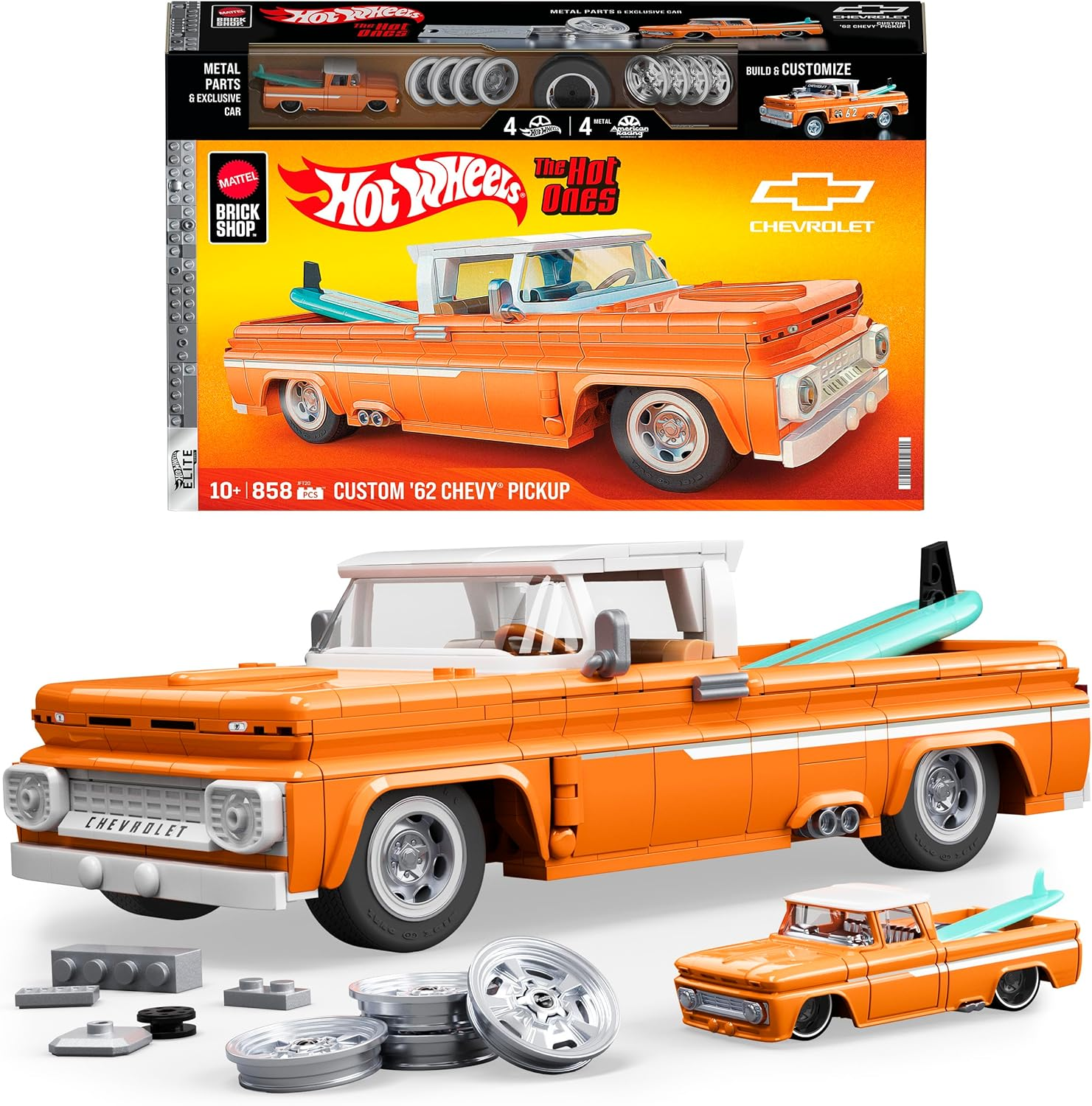 Mattel Brick Shop Hot Wheels Elite Series Building Set, Custom &rsquo;62 Chevy Pickup with 858 Pieces, Realistic Details and Custom Decals, Adult Collectors and Kids Ages 10+ image number 5