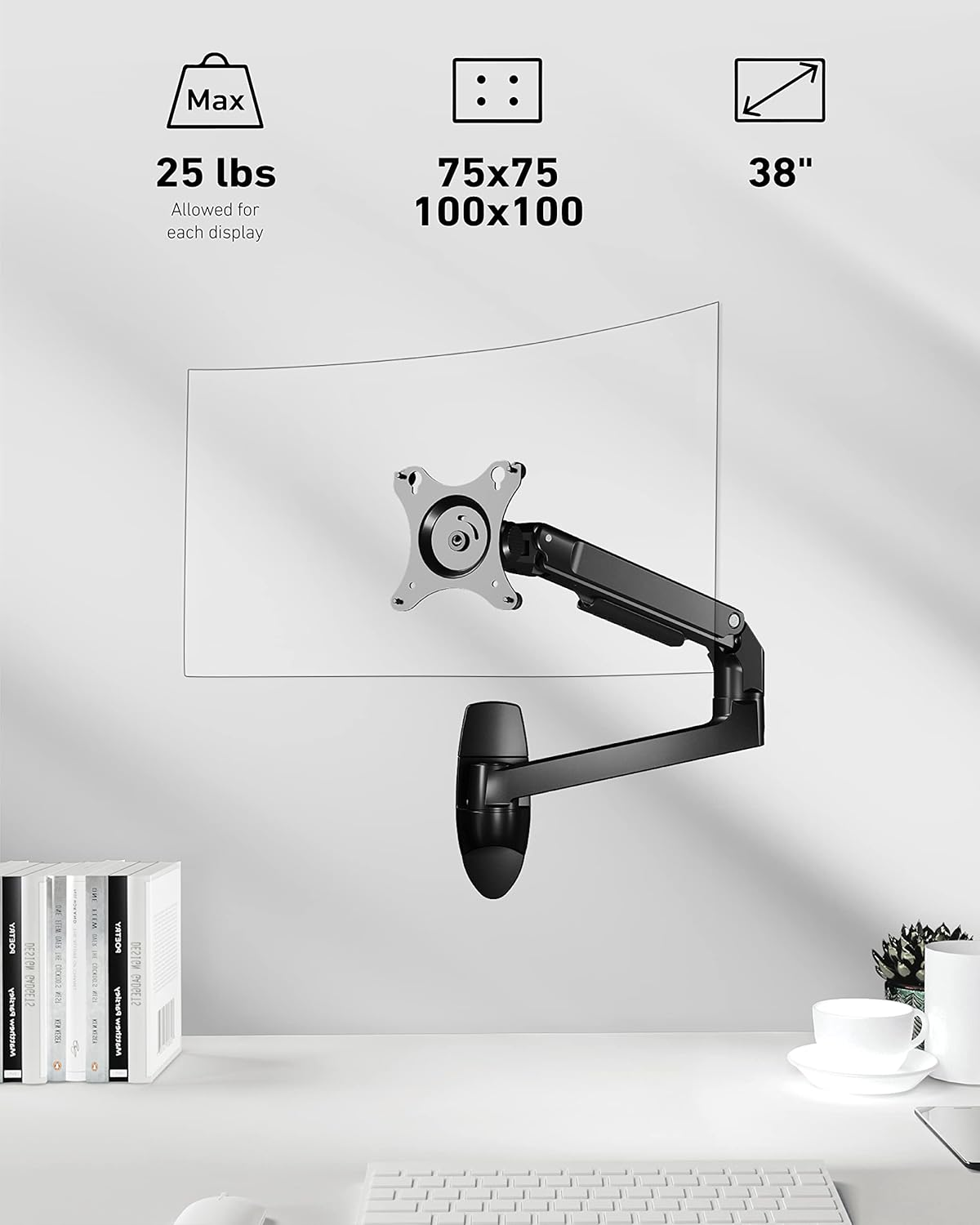 Ergounion Single Monitor Wall Mount for Flat or Curved Screens up to 38" within 25 Lbs, Full Motion Adjustable Monitor Arm with Cable Management, VESA 75X75/100X100Mm, Black image number 2