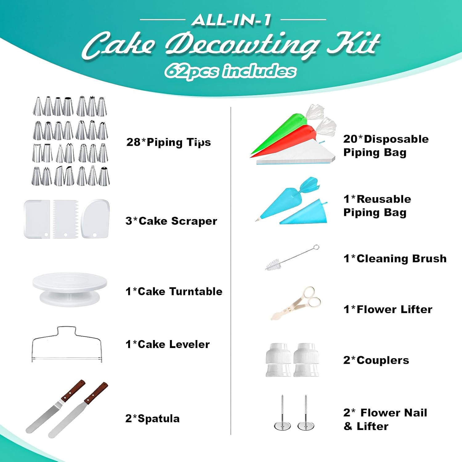 Cake Decorating Kit - 11-Inch Rotating Cake Turntable, 28 Piping Tips, 2 Icing Spatulas & 3 Scrapers, 20 Piping Bags and Other Cake Decorations, 62Piece Complete Set for Beginners image number 6