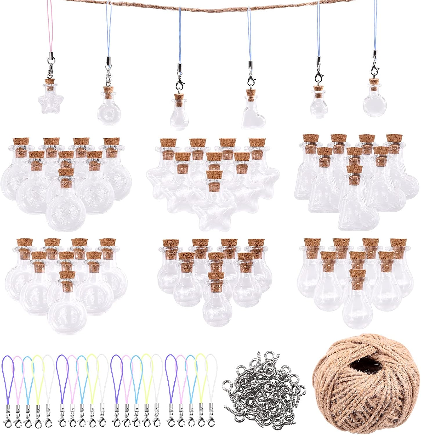 Mardatt 48Pcs 6 Shapes Mini Glass Bottles with Cork Lids Wish Bottles Glass Favor Jars, 50Pcs Eye Screws, 30 Meters Twine for DIY Crafts, Home Decor, Party Favors image number 1
