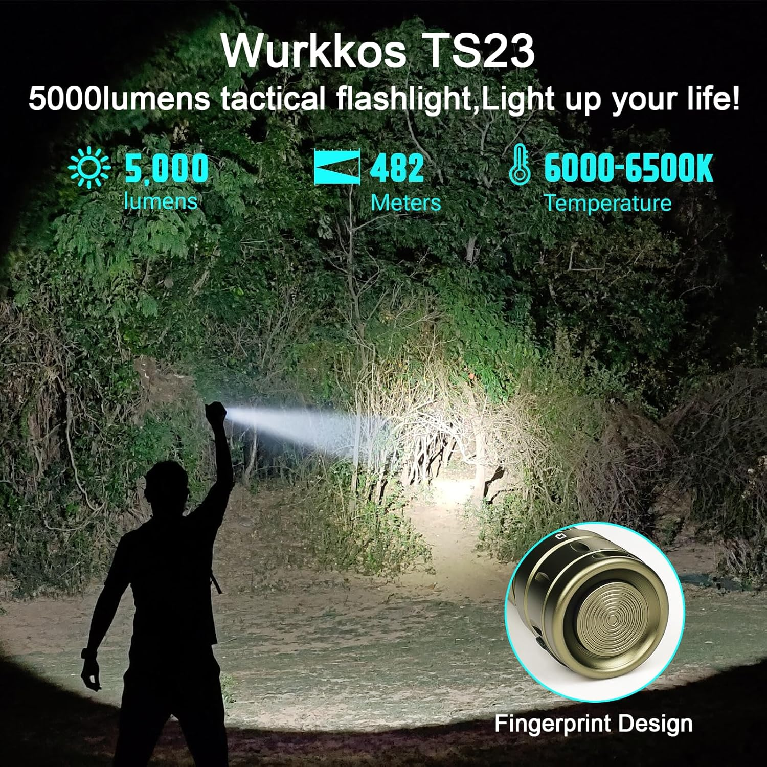 Wurkkos TS23 Flashlight,5000 High Lumens Rechargeable Flashlight,70.3 HI LED 482M Attack Head LED Flashlights,Ip68 Waterproof Flashlights for Emergency,Repair,Camping,Hiking(Olive Green)