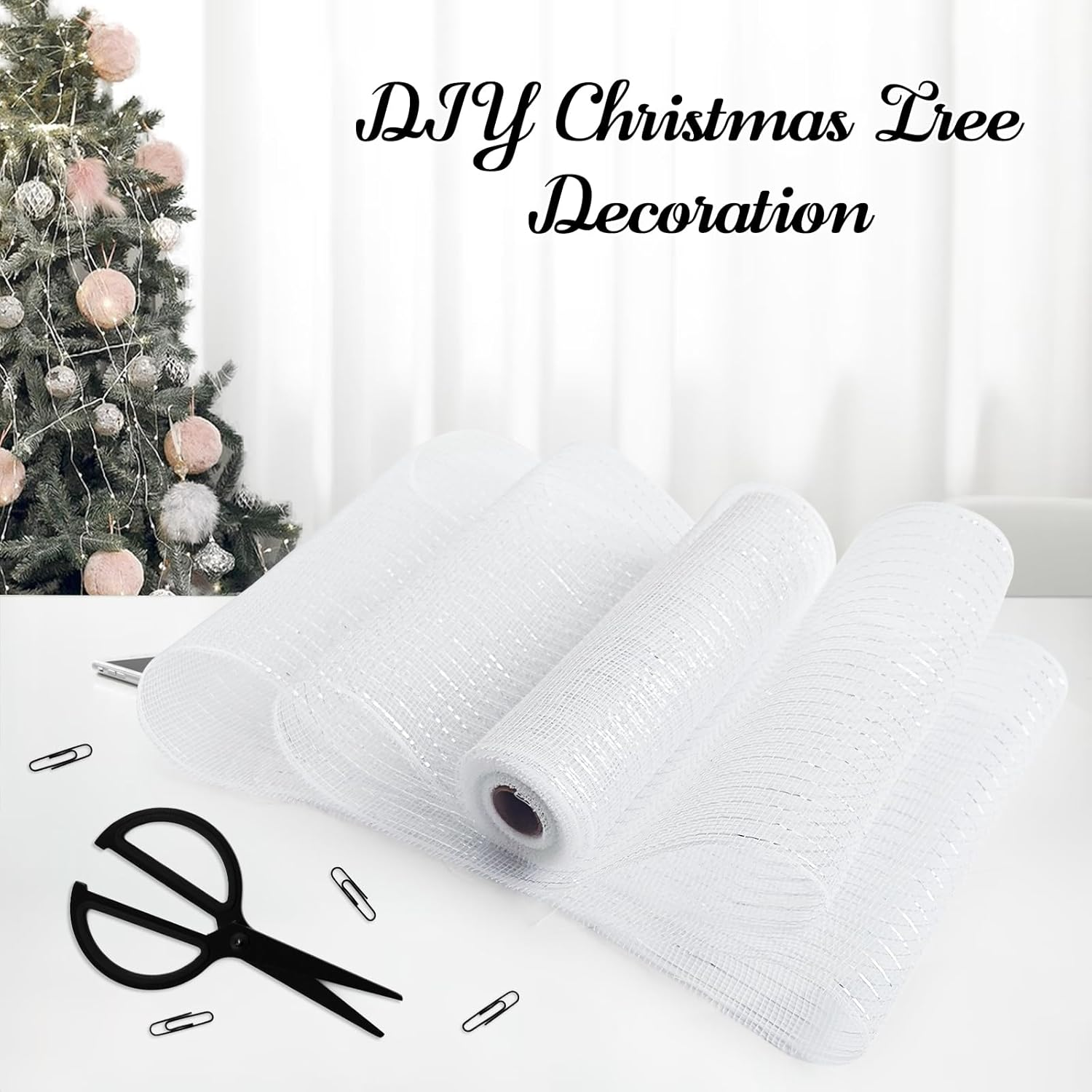 Christmas Tree Ribbon, Christmas Mesh Ribbon Wired Ribbon Christmas Ribbon for Christmas Tree Gift Craft Ornaments Decoration (26Cm&times;10Feet) (White) image number 3