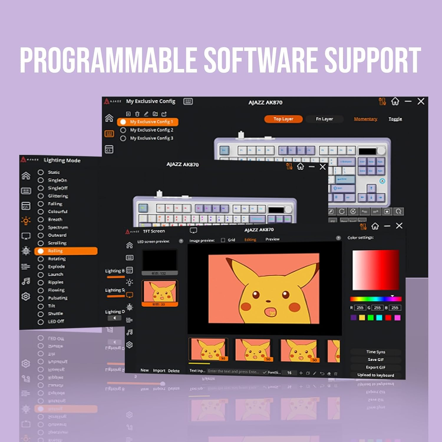 Mechlands Ajazz AK870 87 Keys Gasket Wireless Gaming Keyboard with Screen & Knob, Bt5.0/2.4Ghz/Usb-C Mechanical Keyboard, with 5-Layer Padding, Flex-Cut PCB, NKRO for Win/Mac (Purple, Hyacinth Switch)