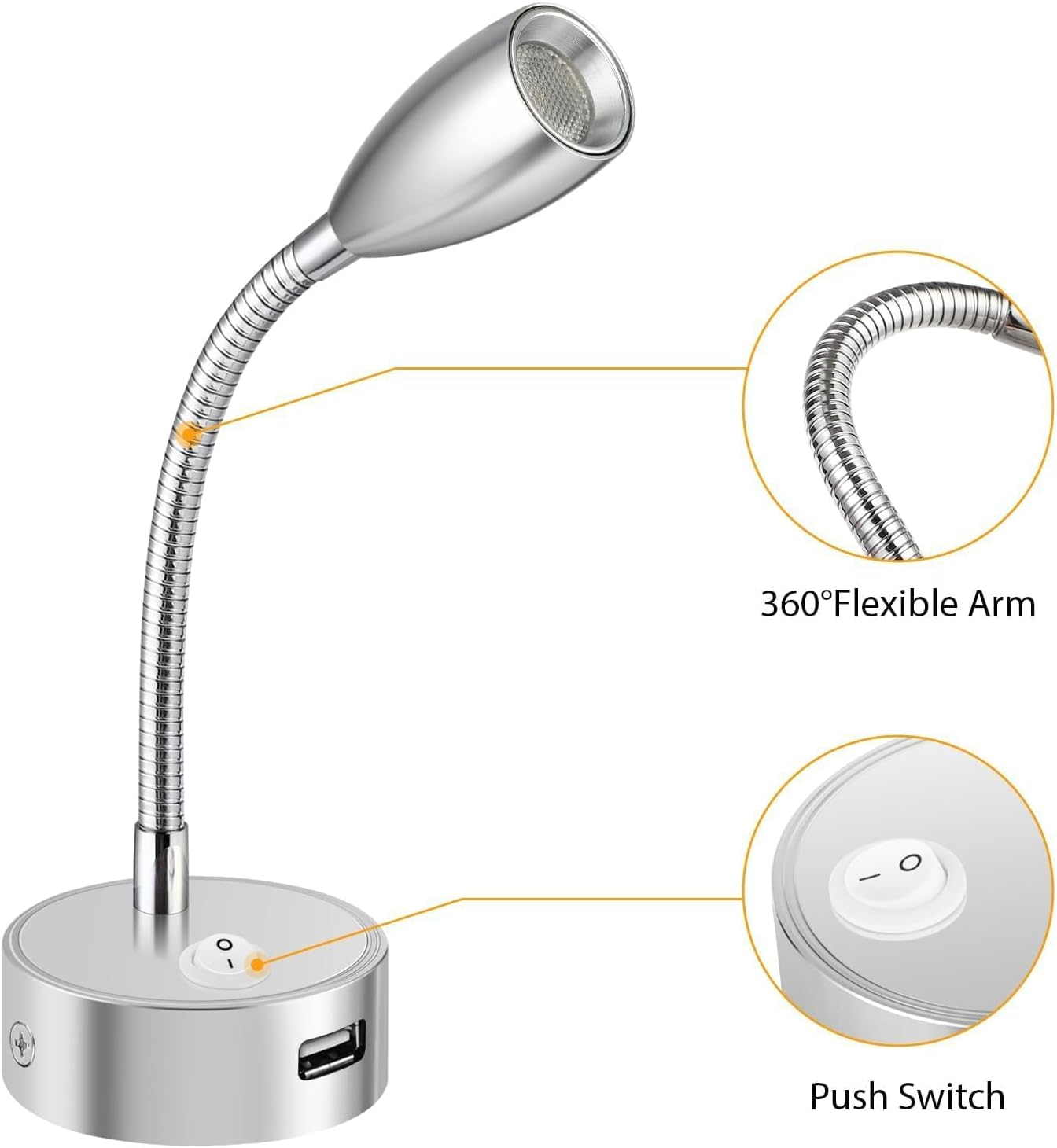 ERWEY 2 LED Reading Lamps, 12 V Motorhome, 3 W, 3000 K Wall Light, Bed Lamp with Flexible Gooseneck and USB Charging Port, DC12-24 V Spot for Boat, Yacht, Car, Van, Caravan, Interior Lighting, Silver image number 6