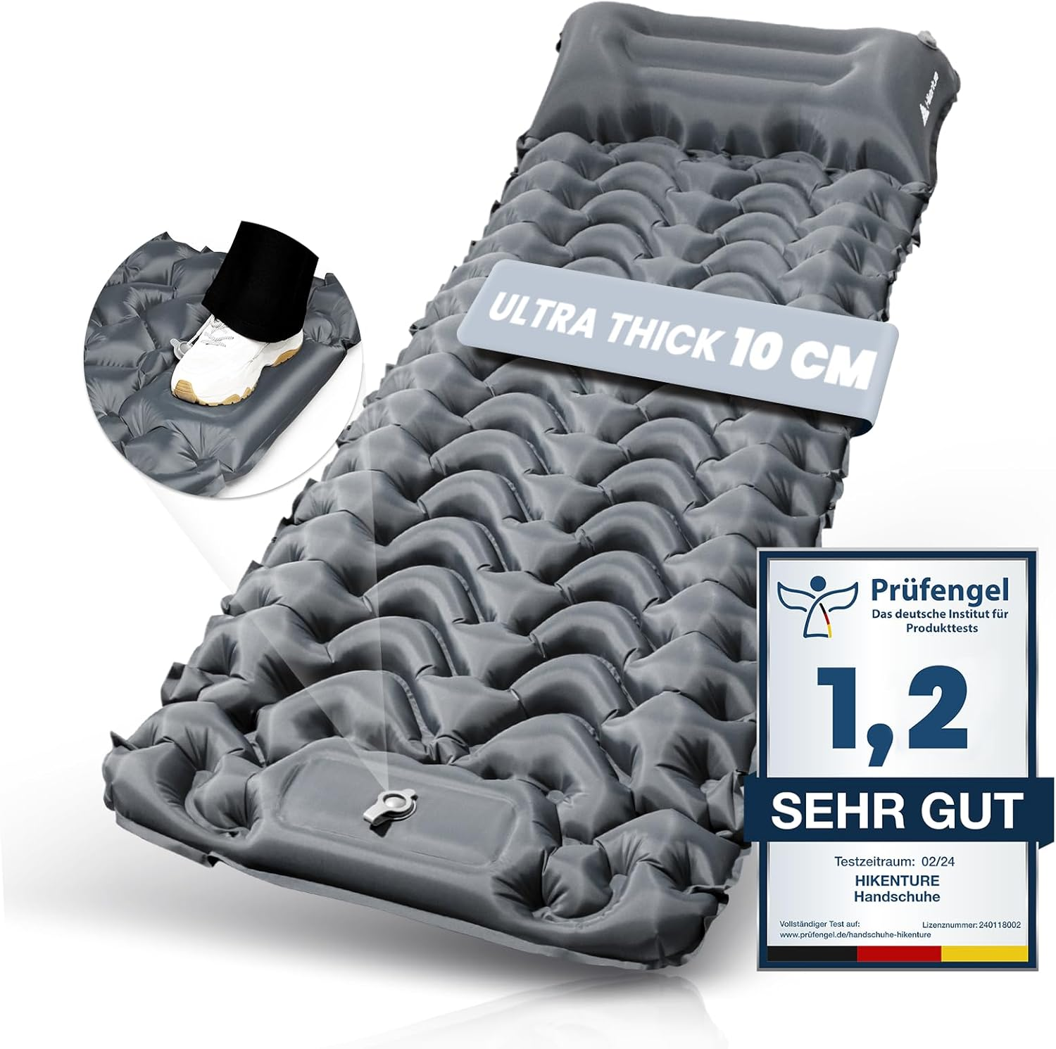 HIKENTURE Camping Mattress Sleeping Mat, Inflatable Backpacking Sleeping Pad Camping Mat with Built-In Foot Pump, Protable Lightweight Camping Bed Air Mattress for Camping & Hiking Equipment (Grey)