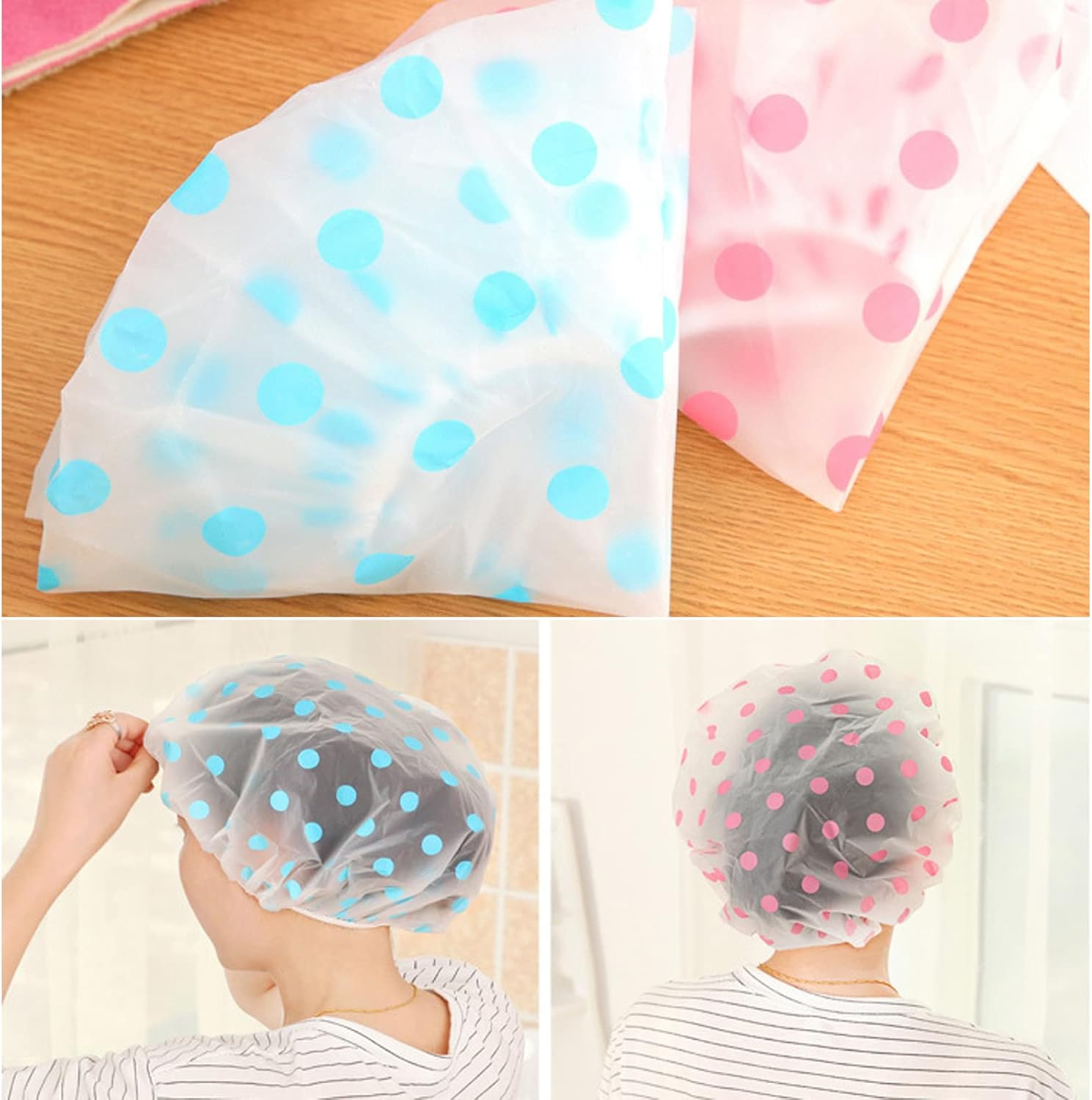 3 Pieces Elastic Shower Cap, Reusable Waterproof Shower Caps, Plastic Shower Cap for Girls, Women, Shower, Spa, Salon, Main Use (Blue, Yellow, Red) image number 4