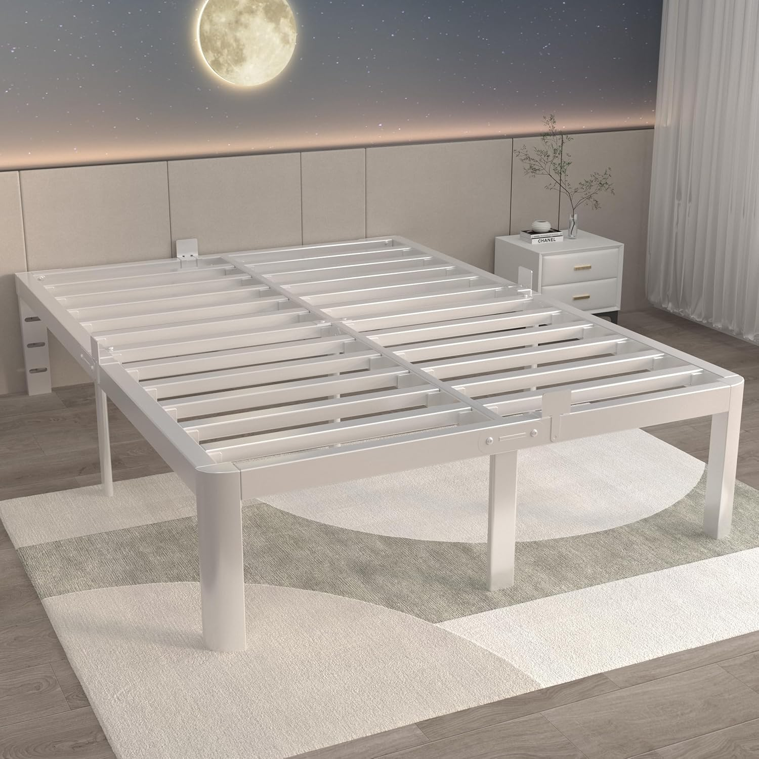 ITIMIDI 16 Inch Bed Frame Queen Size with Metal Gaskets, Heavy Duty Queen Platform Bed Frame No Box Spring Needed, DIY Headboard, Anti-Slip Mattress Stopper, round Corner Leg, Easy Assembly, White image number 2