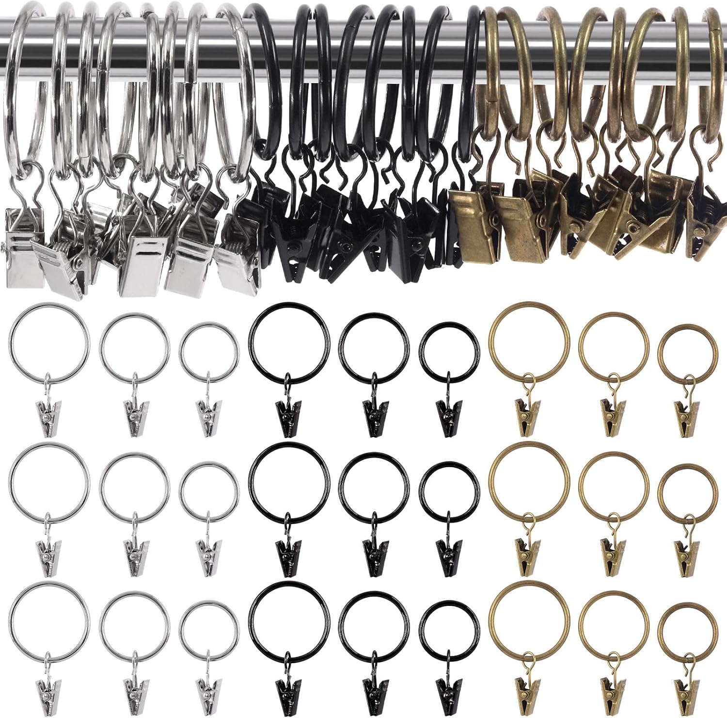 Glarks 40Pcs 25Mm/1 Inch Bronze Curtain Rings with Clips, Rustproof Metal Drapery Curtain Hanging Rings with Drapery Clips, Decorative Curtain Rod Clips Rings Hangers for Window Door Shower Curtain