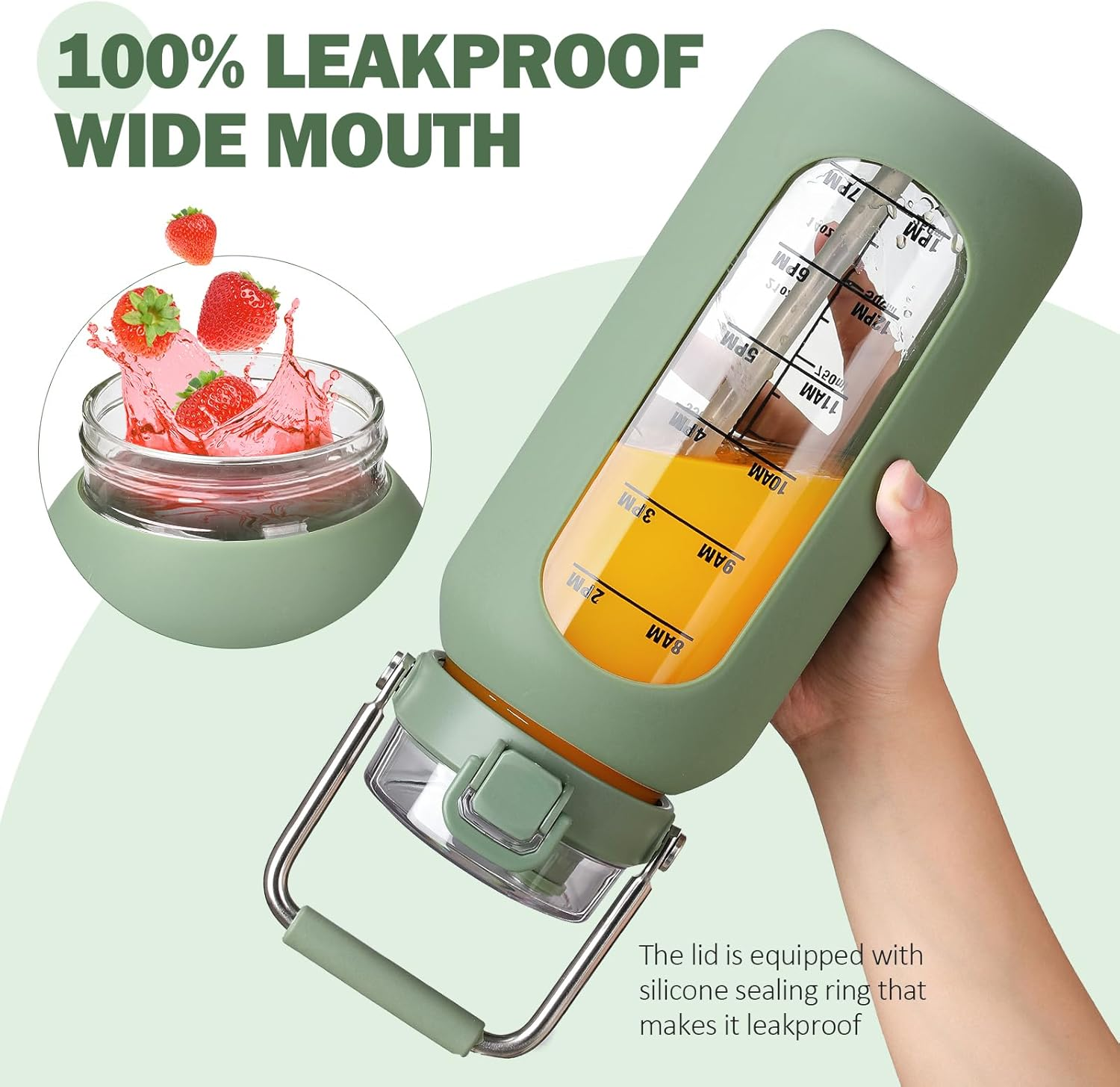 BLUEGO 2000 Ml Glass Water Bottle with Stainless Steel Handle and Time Marking, 2 L Drinking Bottle, Borosilicate Glass with Silicone Cover and Straw for Gym, Office, Outdoor, Sports, Water Bottles image number 3