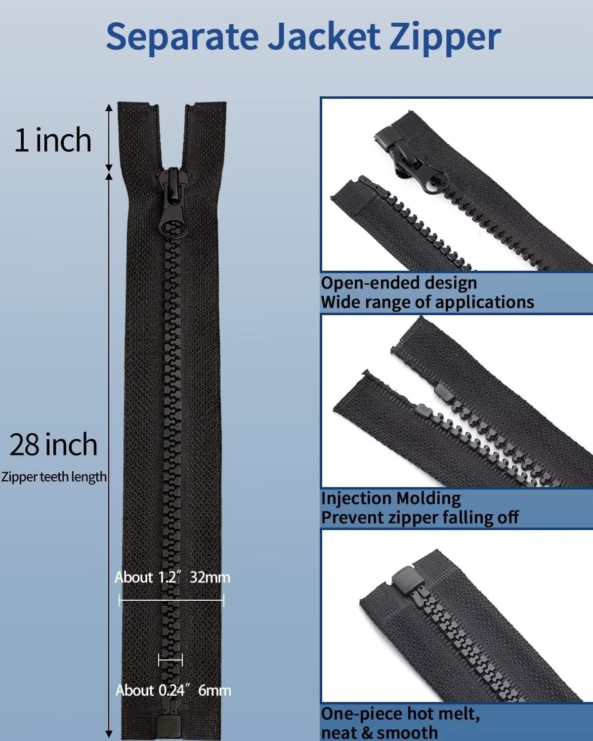 Wavebeexs 28 Inch Jacket Zipper, #5 Zipper for Jacket (3 Piece), Black Plastic Coat Zippers Replacement, Separating Zipper for Coat, down Jacket, Sweatshirt, Clothes, Parka, and More image number 6