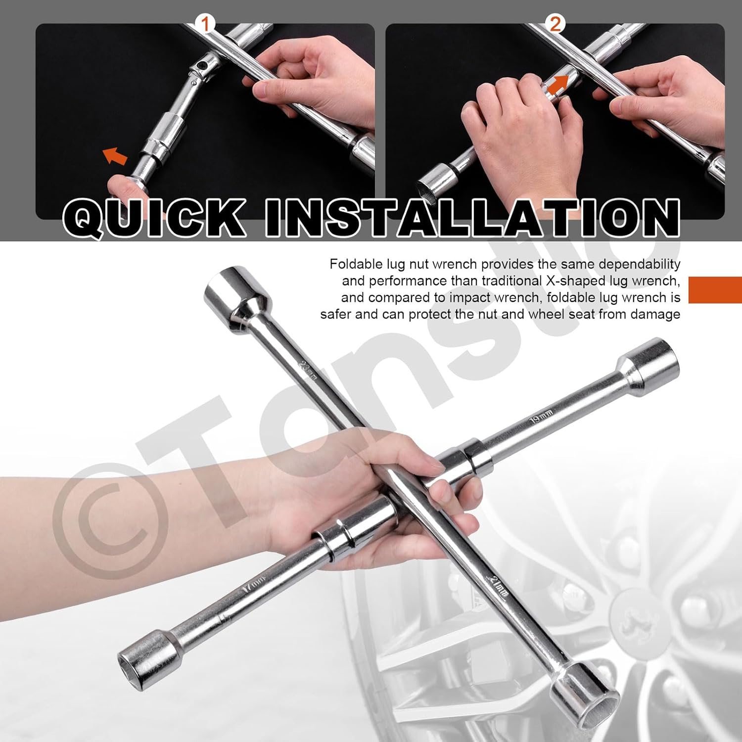 Tanstic 1Pc 14 Inch Universal Folding Lug Wrench, Heavy Duty 4 Way Cross Wrench for Cars Tire Changing