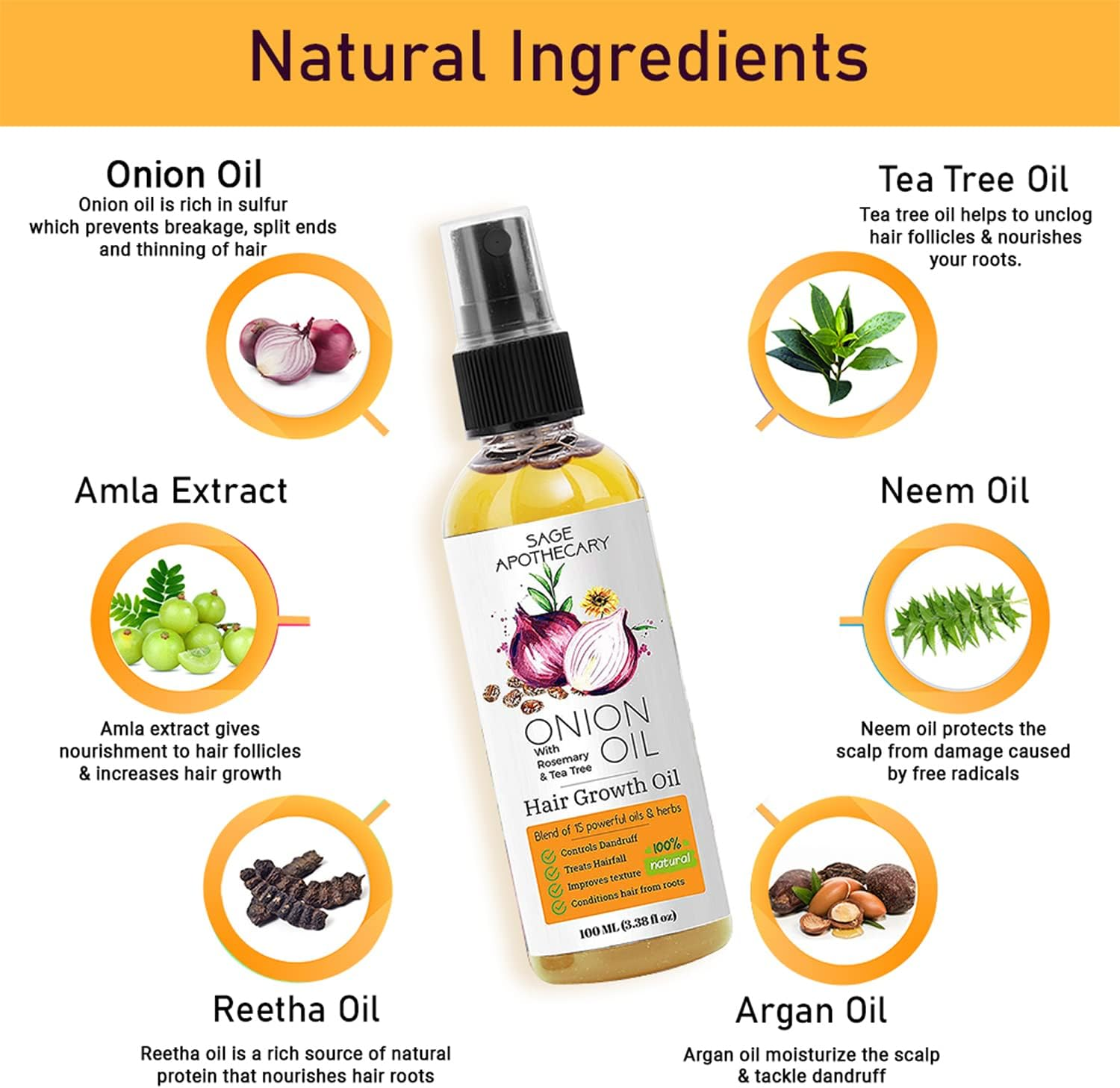 Sage Apothecary 100% Natural Onion, Rosemary & Tea Tree Hair Oil | Conditions Hair from Root | Control Dandruff & Hair-Fall | Pack of 100ML image number 2