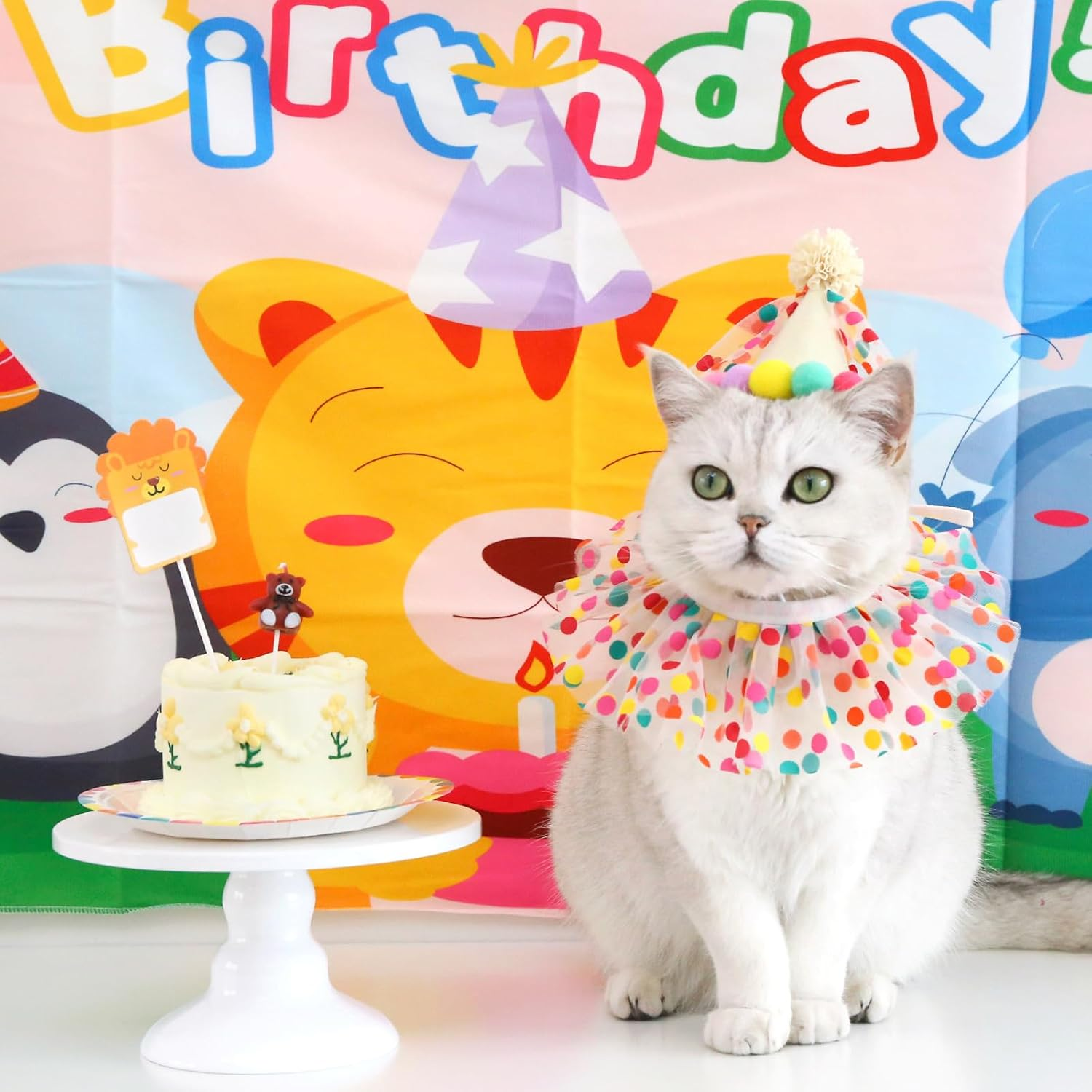 Cat Dog Birthday Hat Scarf Set Puppy Princess Costumes Party Hat Lace Lace Cute Cat Outfit Dots Bandana Doggy Cat Birthday Decorations Pet Party Supplies (Colour-1) image number 5