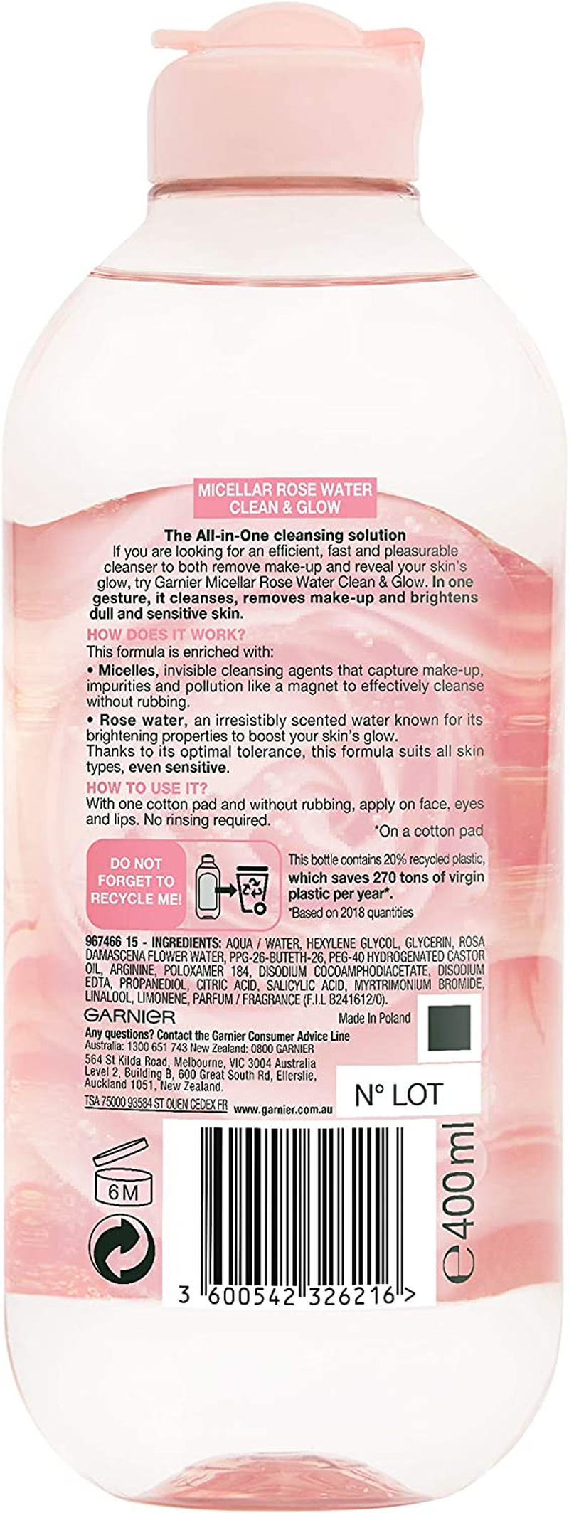 Garnier Skinactive Micellar Rose Cleansing Water Clean and Glow 400Ml image number 6