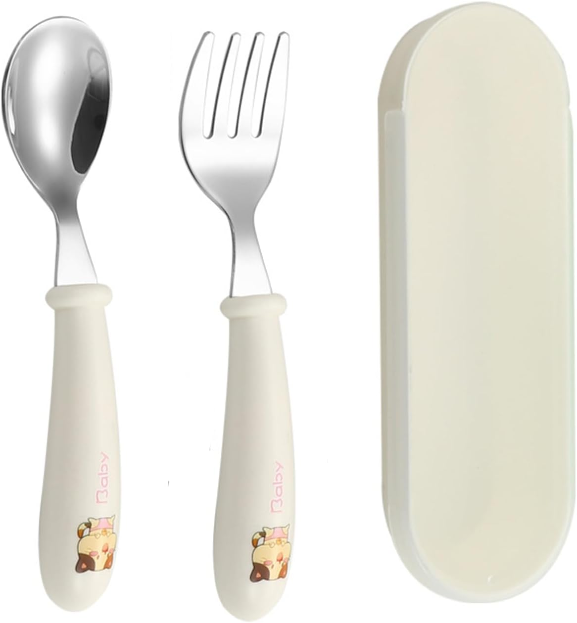Yeanifeana Stainless Steel Fork and Spoon Set with Travel Case, Durable, Dishwasher Safe Utensils Perfect for Learning to Use (Bear)