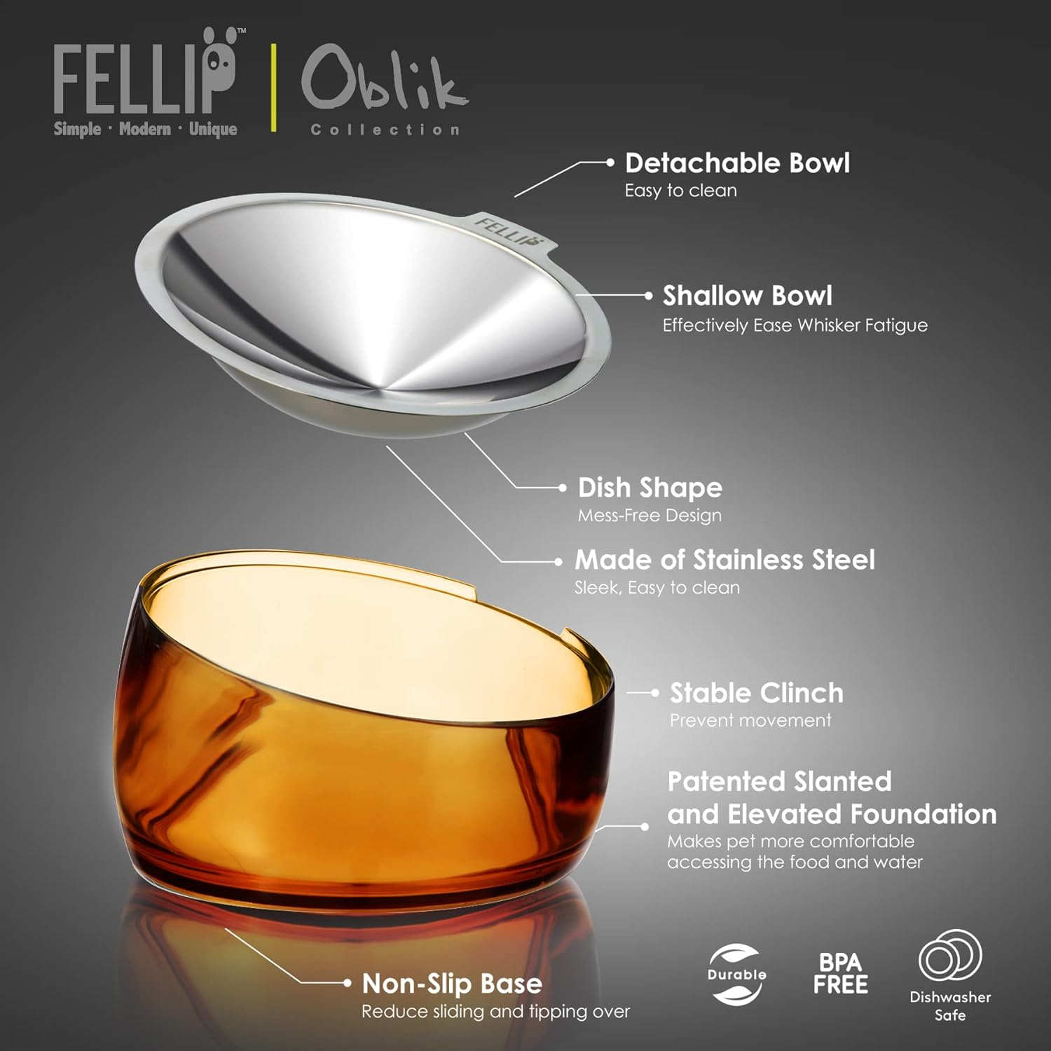 Felli Pet Whisker Stress Friendly Raised Angled Cat Wet Food Bowl Stainless Steel Shallow Dish Tilted, anti Vomit, Slanted Feeding Plate Metal Elevated Acrylic Flat Faced Dog (0.5 Cups, Gold) image number 4