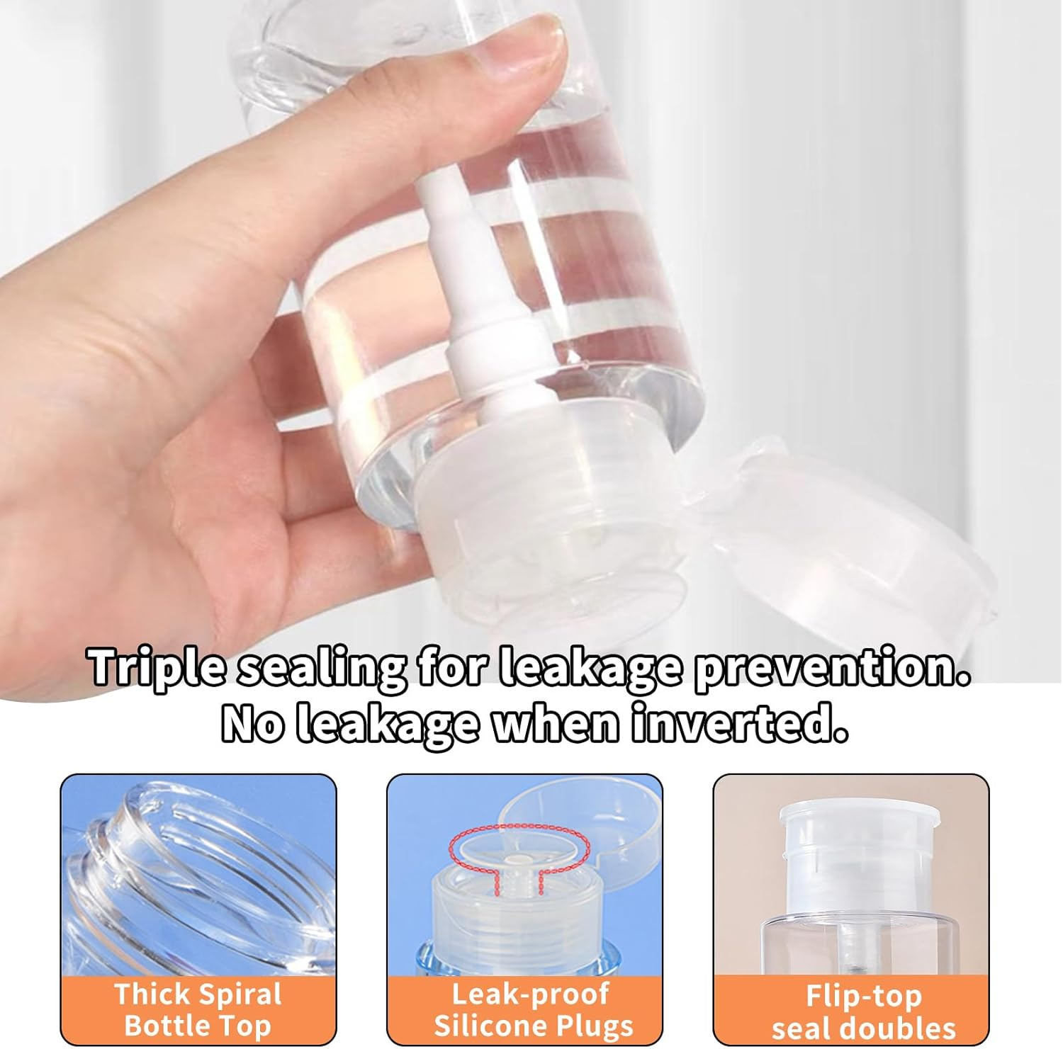 2 Pack Push down Pump Dispenser Bottle 300Ml Refillable Empty Bottle for Alcohol Makeup Remover Nail Polish Cleanser Travel Use Clear image number 4