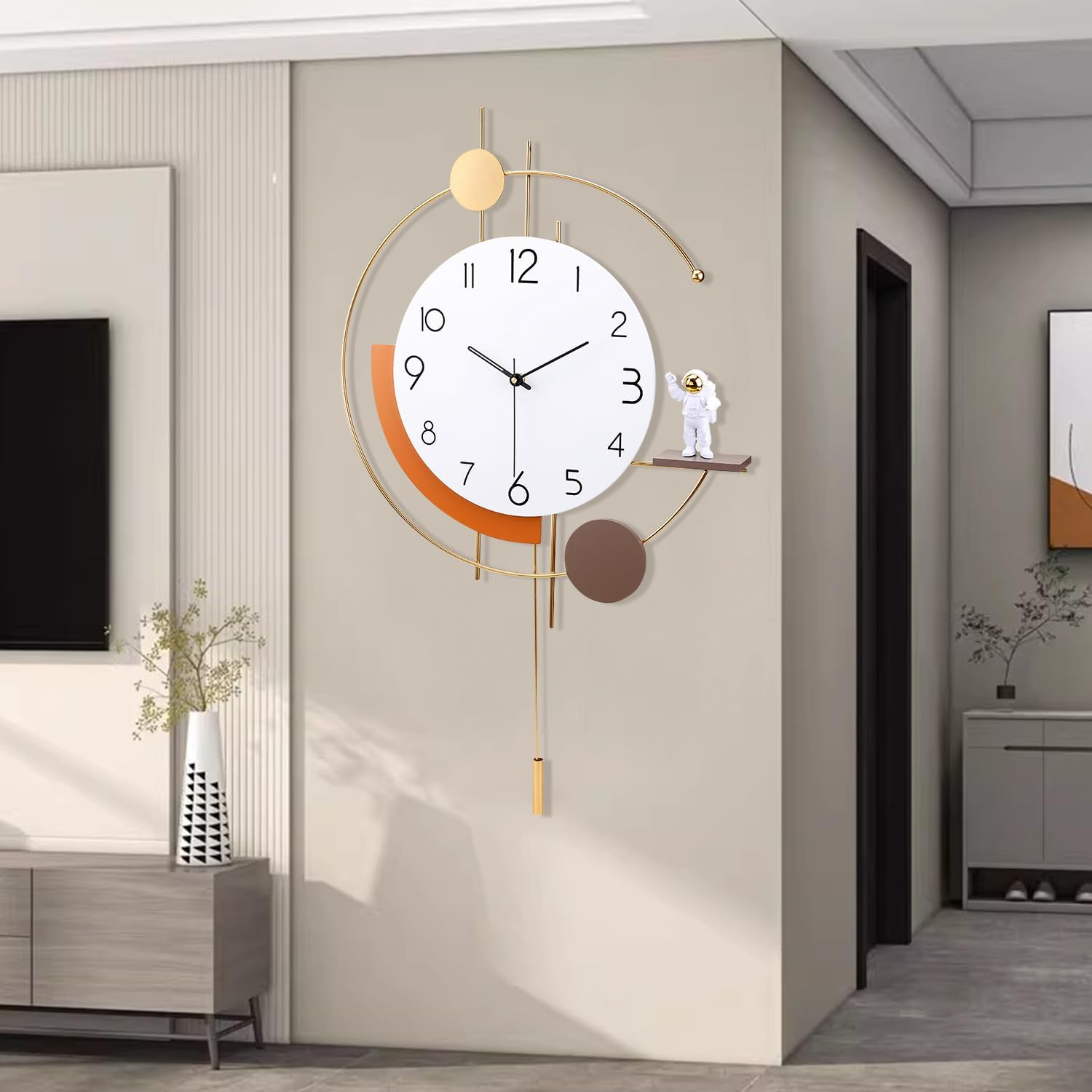 Large Wall Clock Decor Modern Decorative Clock Non Ticking Pendulum Wall Clocks for Bedroom Office Kitchen Silent Big Wall Clock with 1 Ornaments Wall Decor for Home 13.7 * 23.6 Inch Golden image number 3