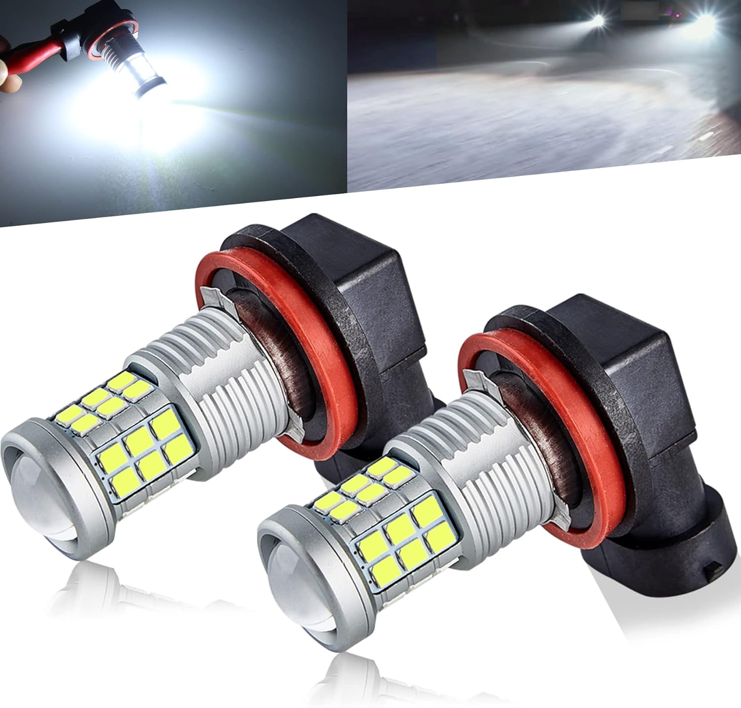 Super Bright 3000Lm H8 H11 LED Fog Lights Bulbs DRL High Power 3030 Chips with Projector Lens Replacement for Cars Trucks, 6000K Xenon White image number 3