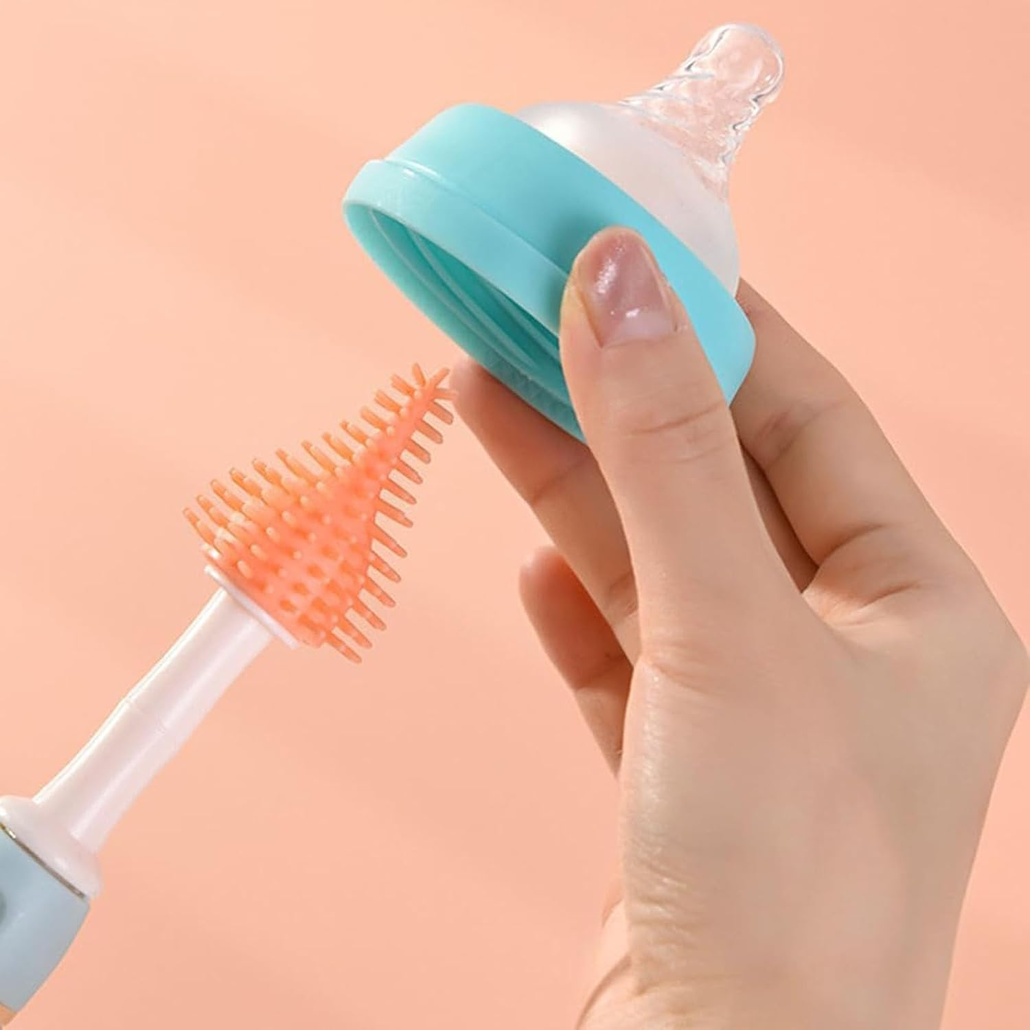 Hercules Bear 5-In-1 Baby Bottle Cleaning Brush Kit, Silicone Bristles, Nipple, Straw, Drying Rack, 5 Cm, Pink image number 2