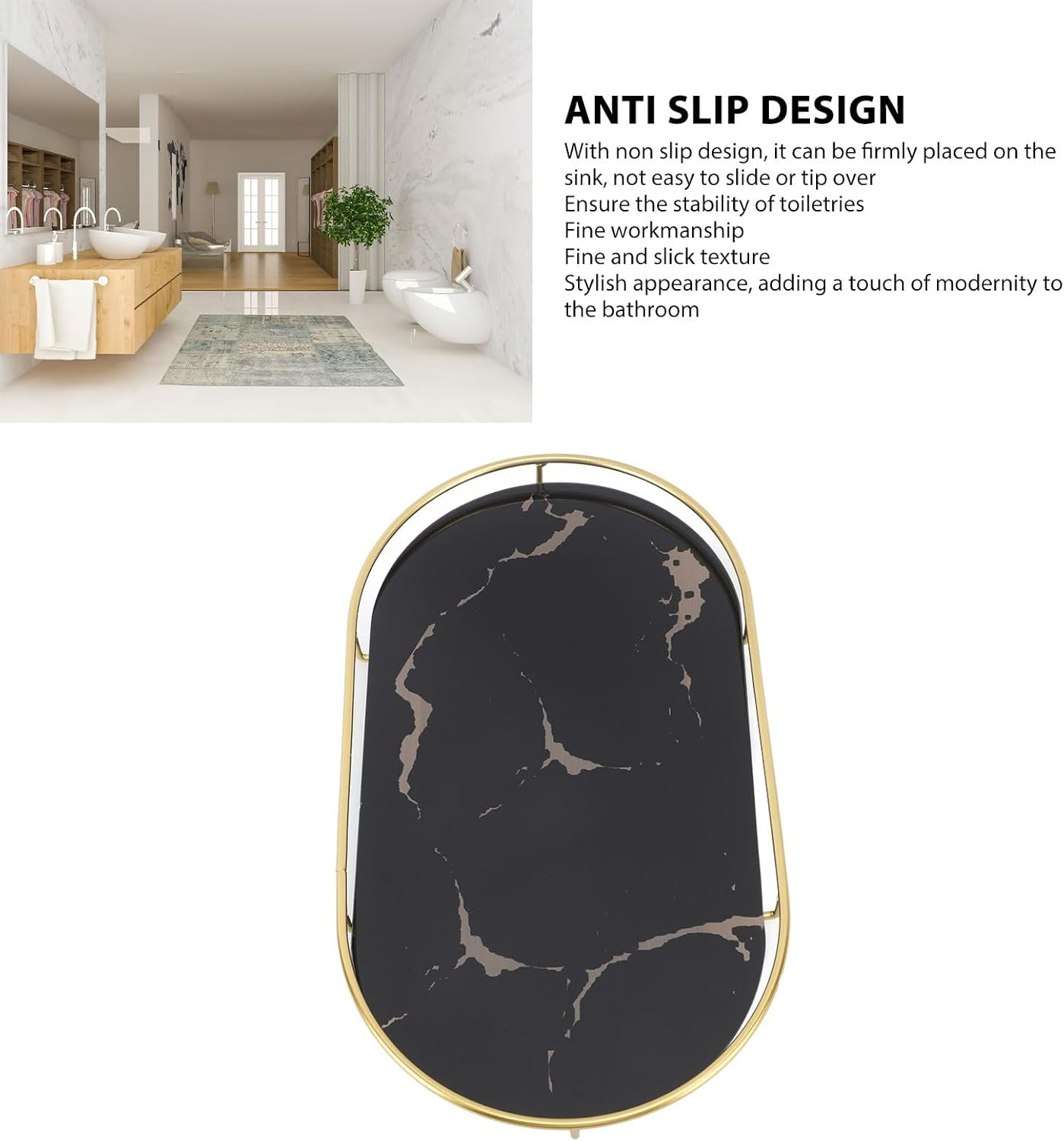 Bathroom Storage Tray Light Luxury Decorative, Golden Texture Oval Bathroom Organiser Tray for Soap Towel Paper Napkins Jewellery Makeup, Bathroom Organiser Tray (Black Base)