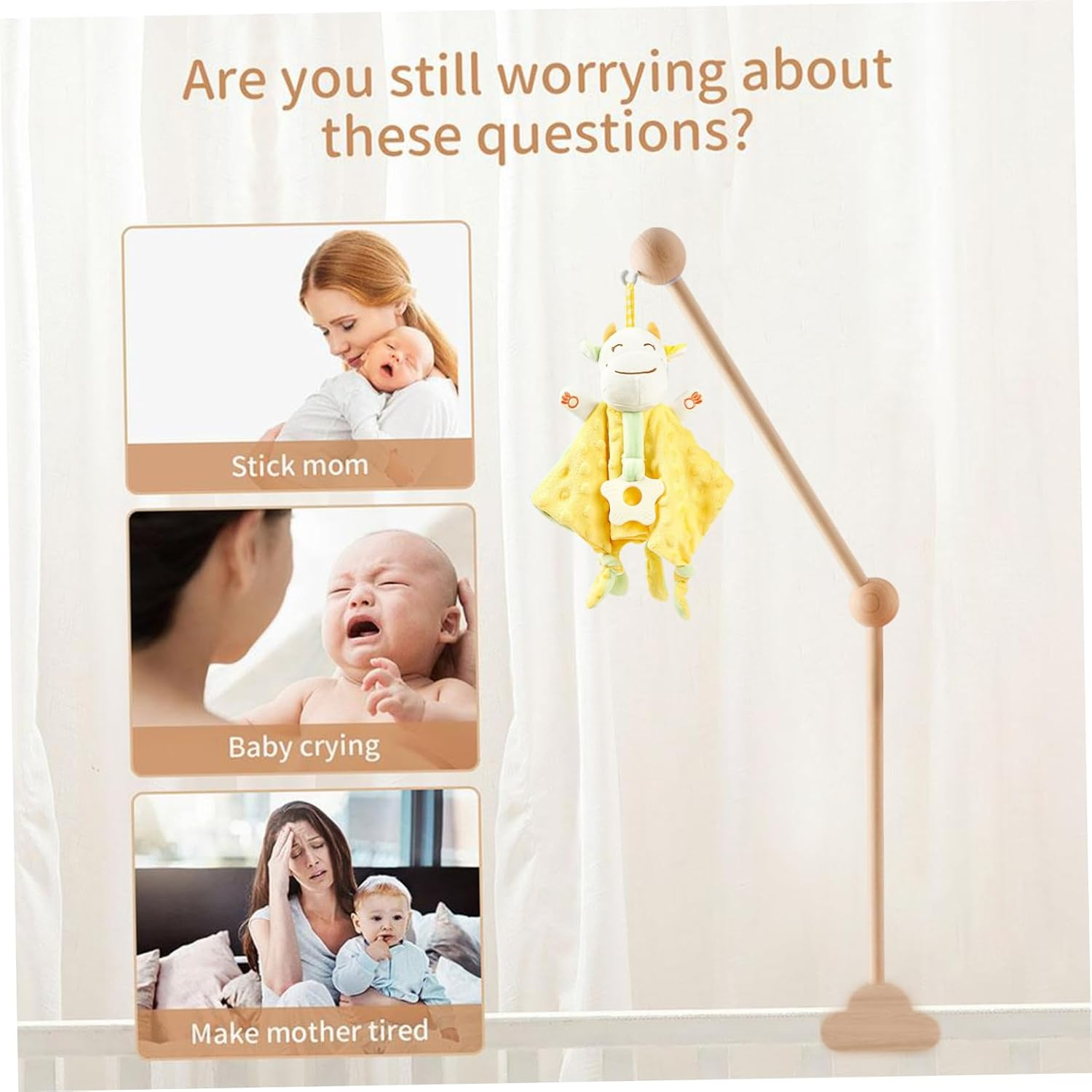 Cot Mobile Arm 27.17Inch Wooden Cloud Design Mobile Arm for Crib Detachable Baby Mobile Hanger Height Adjustable Cute Crib Mobile Arm for Bed Bell Wind Chimes image number 6