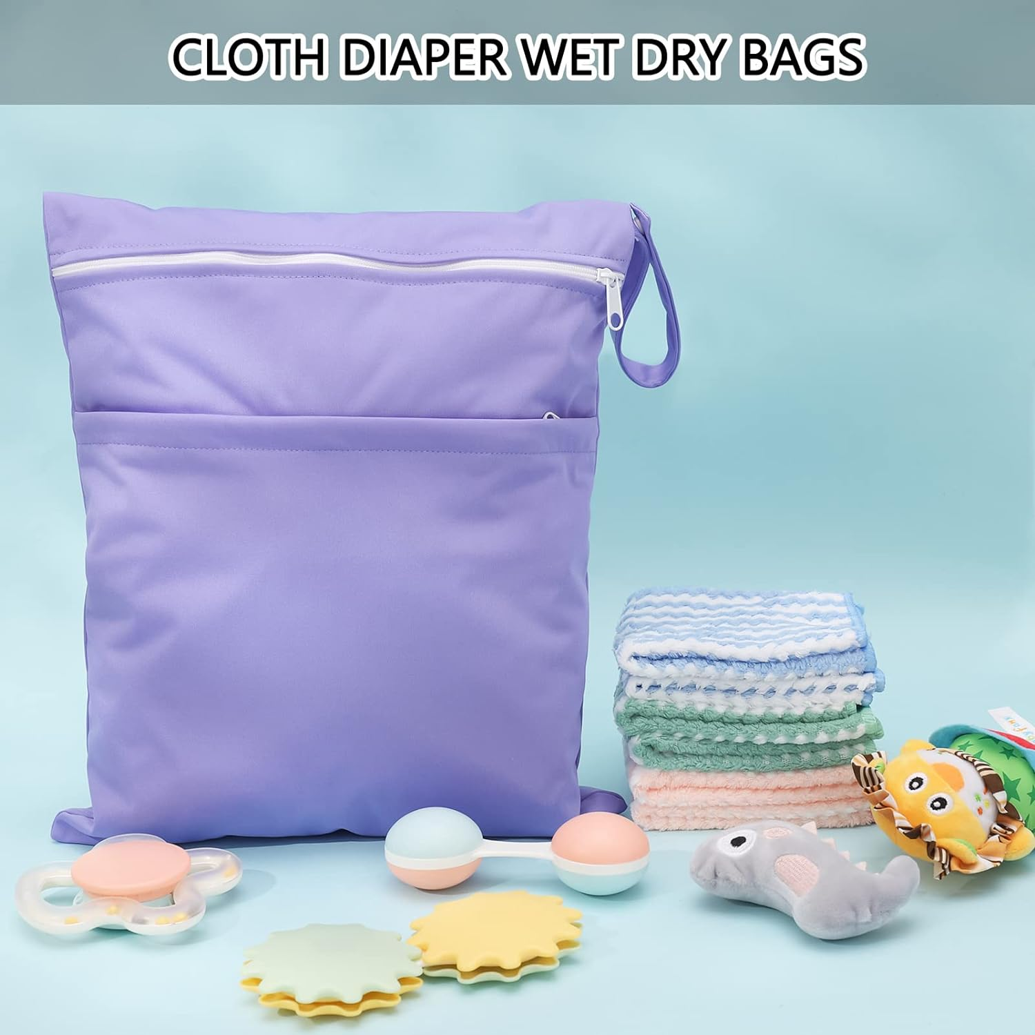 2 Packs Wet Bag, Waterproof Wet Dry Bags Reusable Washable Cloth Diaper Bags Nappy Bags with Double Zipper Pockets for Baby Items Wet Clothes Swimming Gym Pool Beach Bag, Purple+Green, - Blue+Green image number 5