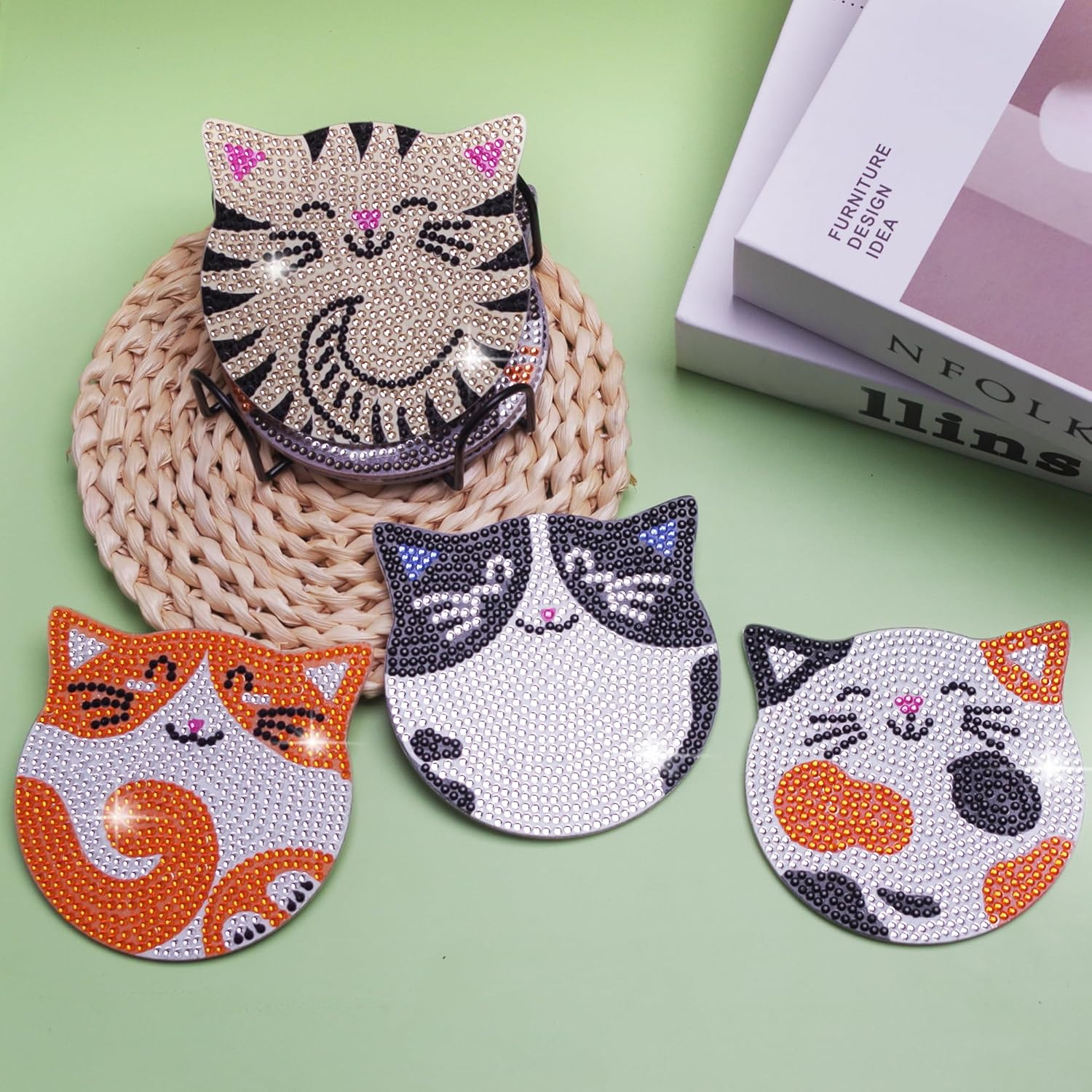 Diamond Painting Coasters Kits - 6 Pcs Cat Diamond Art with Holder, Crafts Kits for DIY, Diamond Art Kits for Adults image number 4