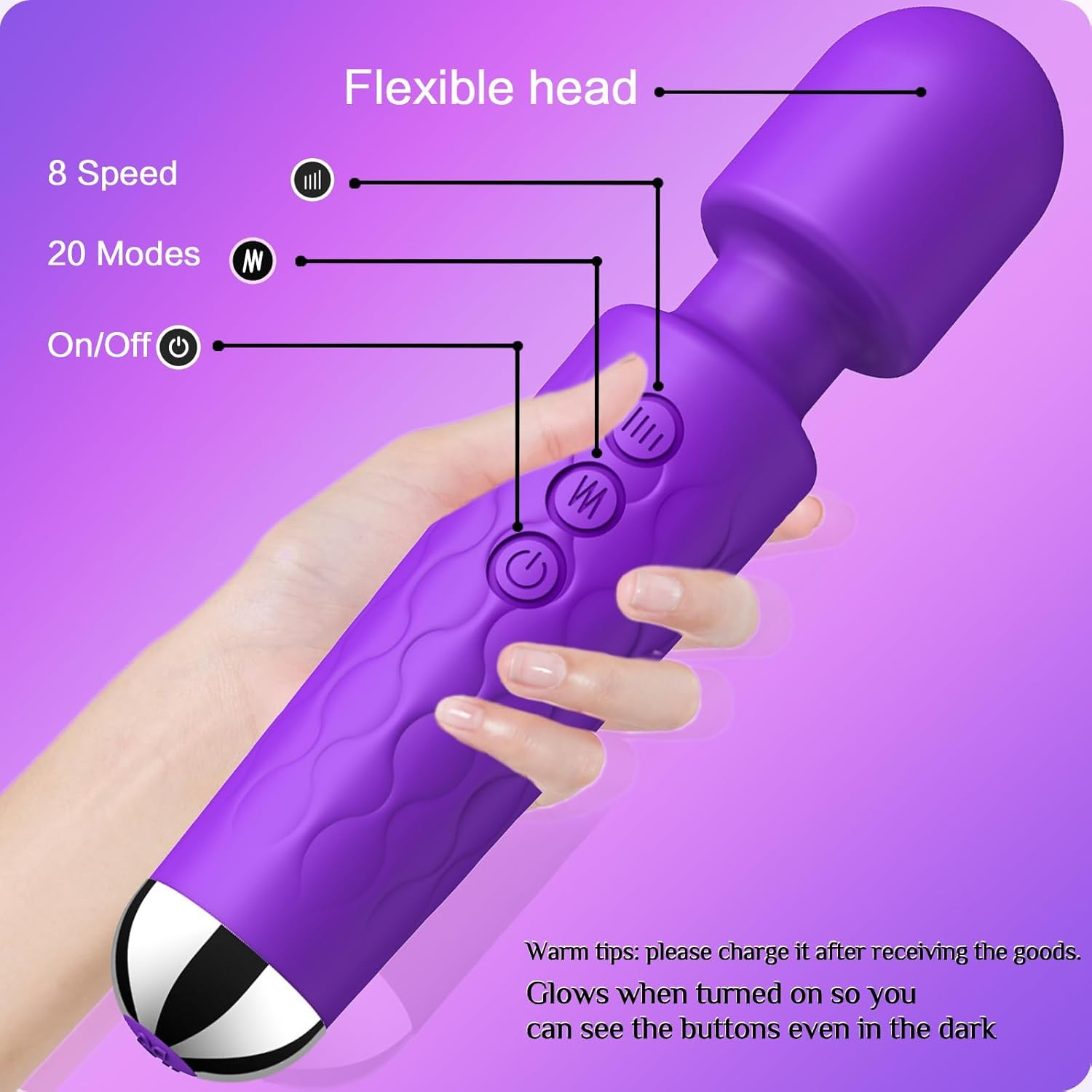 Vibrator Wand for Women - 20 Patterns & 8 Speeds G-Spot/Clitoral Stimulator, Quiet Cordless Dildo Massager, Submersible Adult Sex Toy Rechargeable Waterproof Big (Purple)